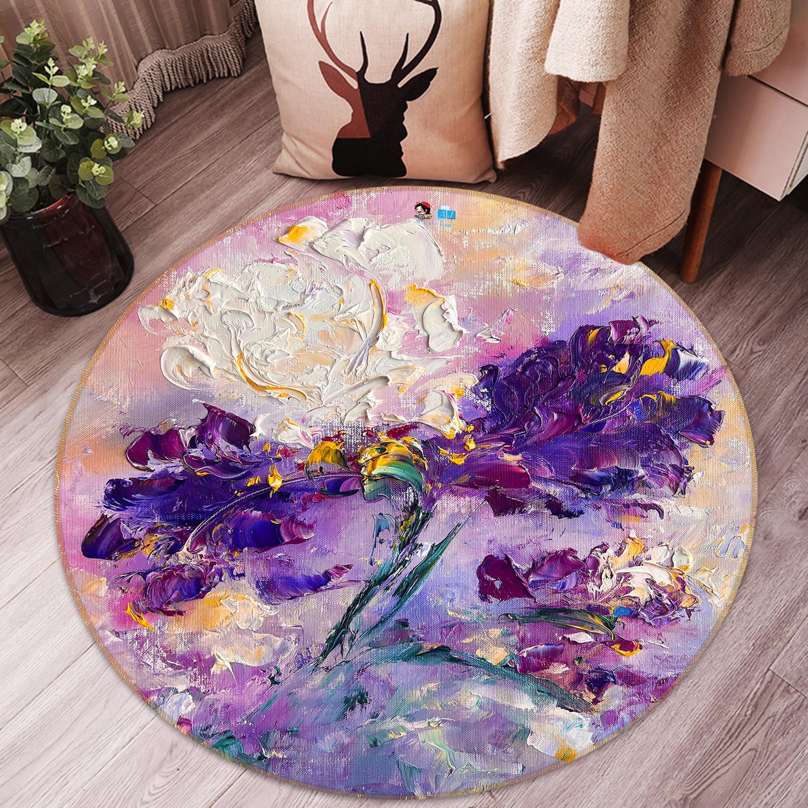 3D Purple Flower 806 Skromova Marina Rug Round Non Slip Rug Mat