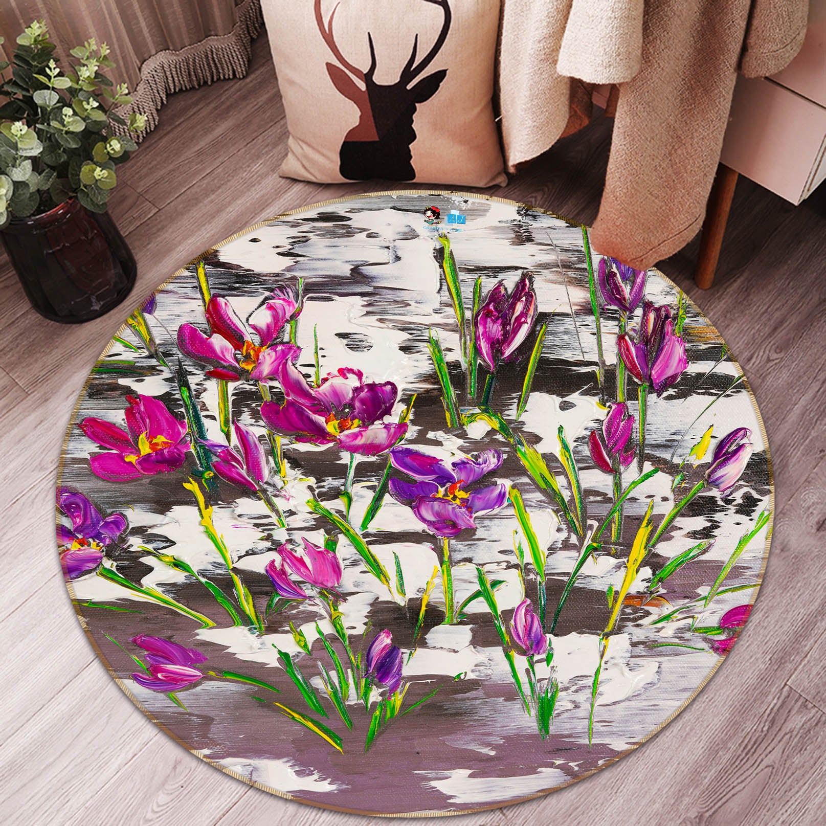 3D Purple Flower 879 Skromova Marina Rug Round Non Slip Rug Mat