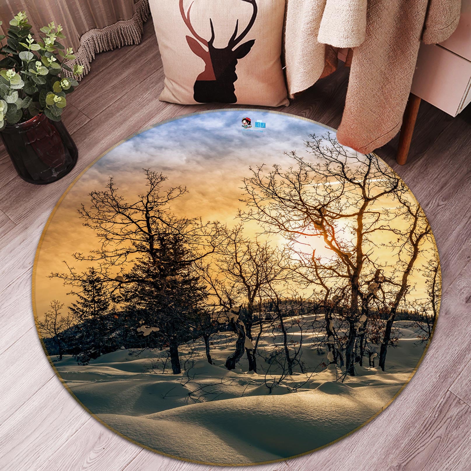 3D Snow Trees 5059 Beth Sheridan Rug Round Non Slip Rug Mat