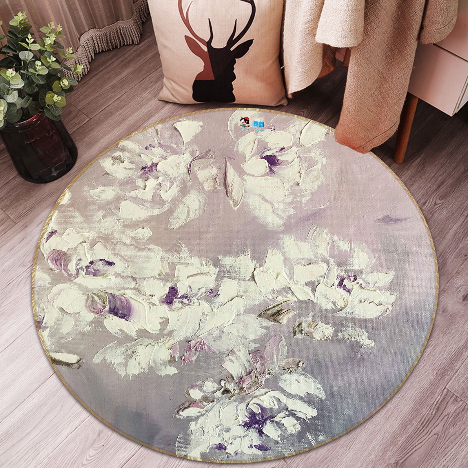 3D White Flower 814 Skromova Marina Rug Round Non Slip Rug Mat