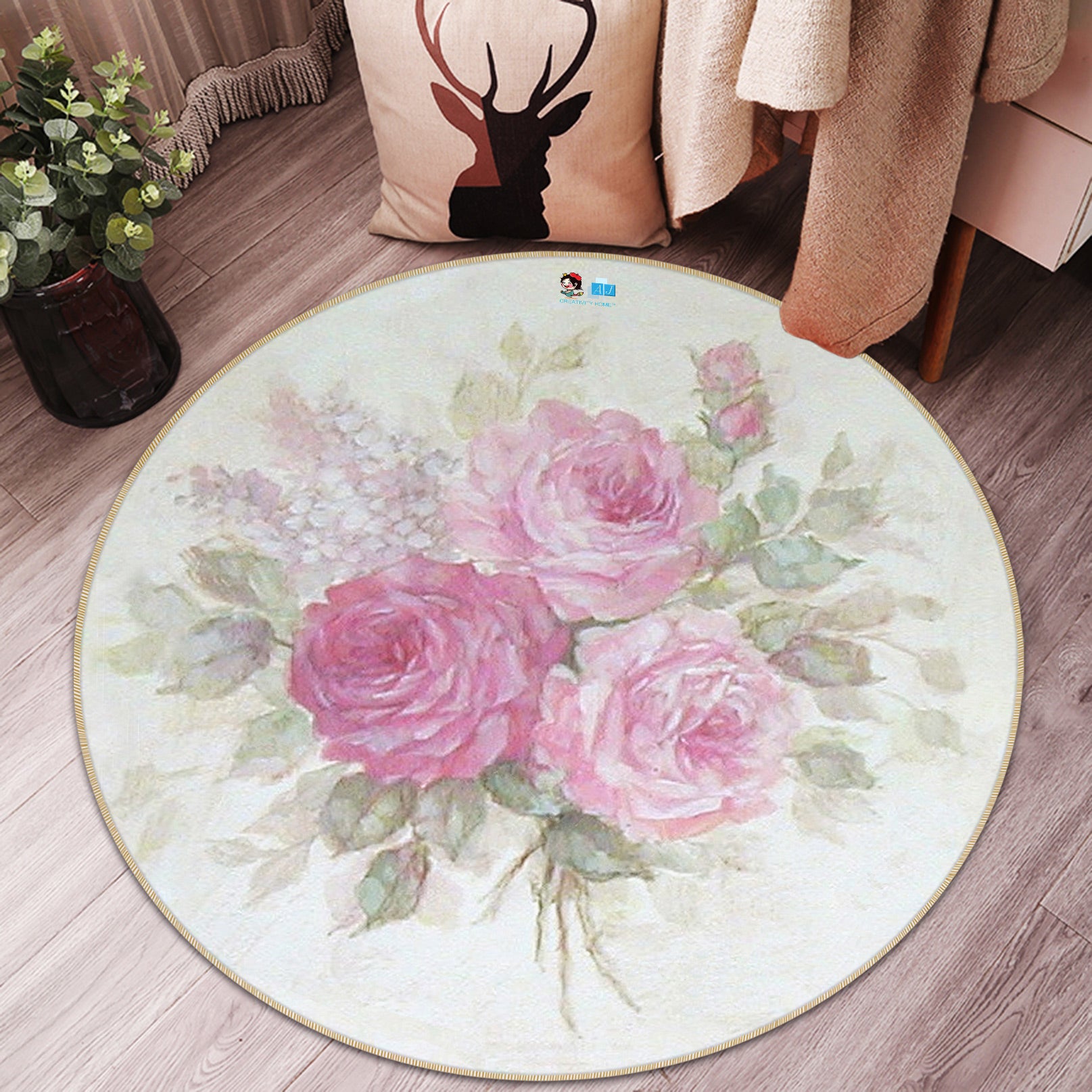 3D Pink Rose 1156 Debi Coules Rug Round Non Slip Rug Mat