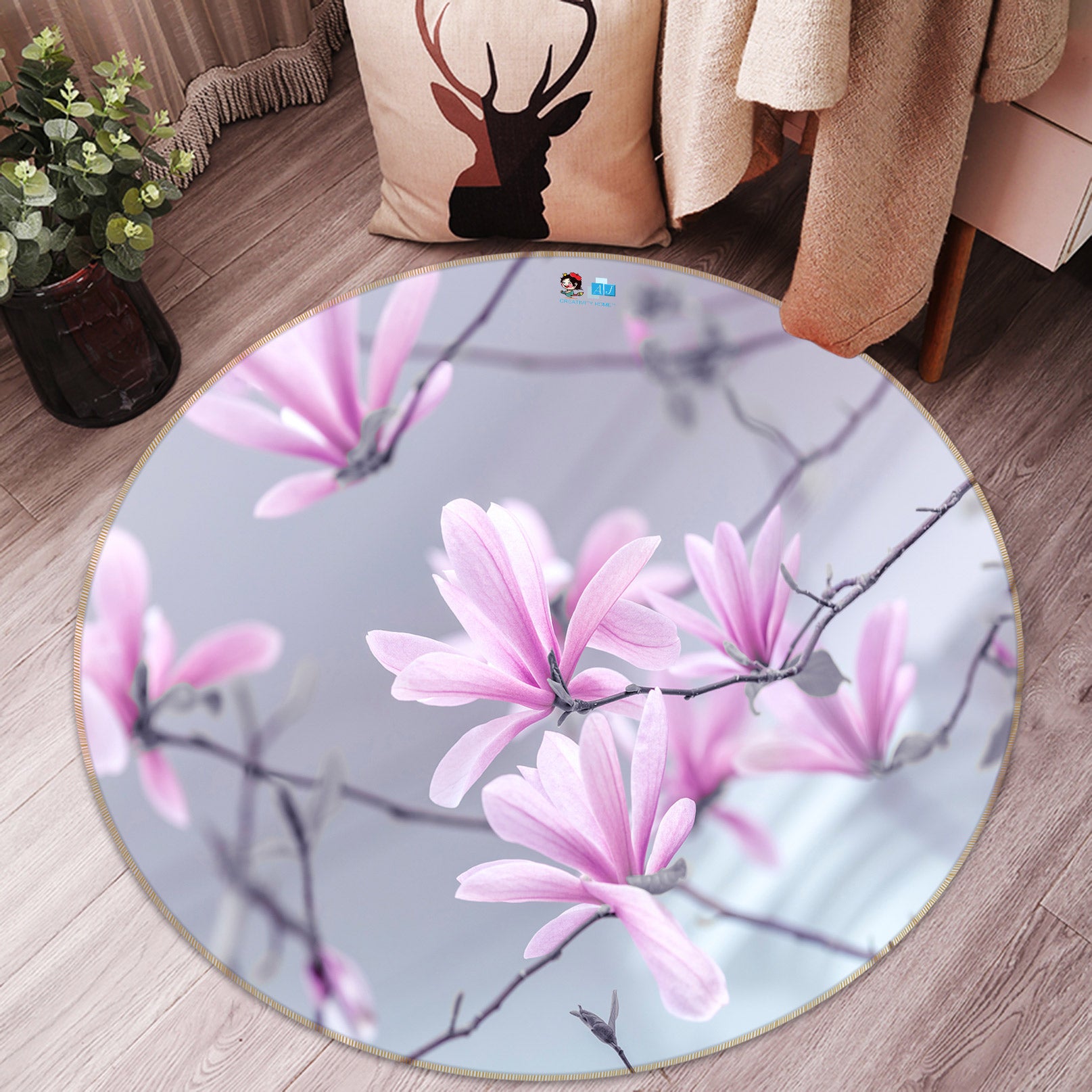 3D Pink Flower 7544 Assaf Frank Rug Round Non Slip Rug Mat