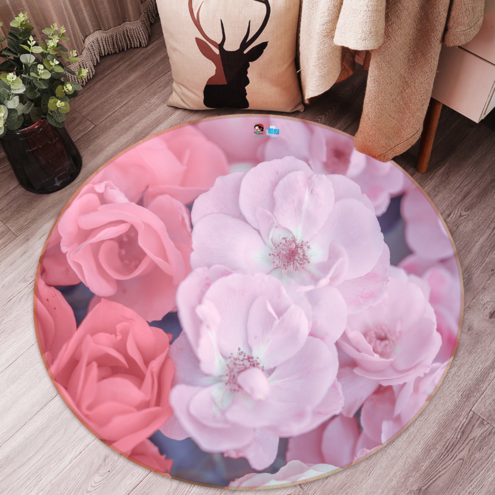 3D Gentle Pink Flower 7516 Assaf Frank Rug Round Non Slip Rug Mat