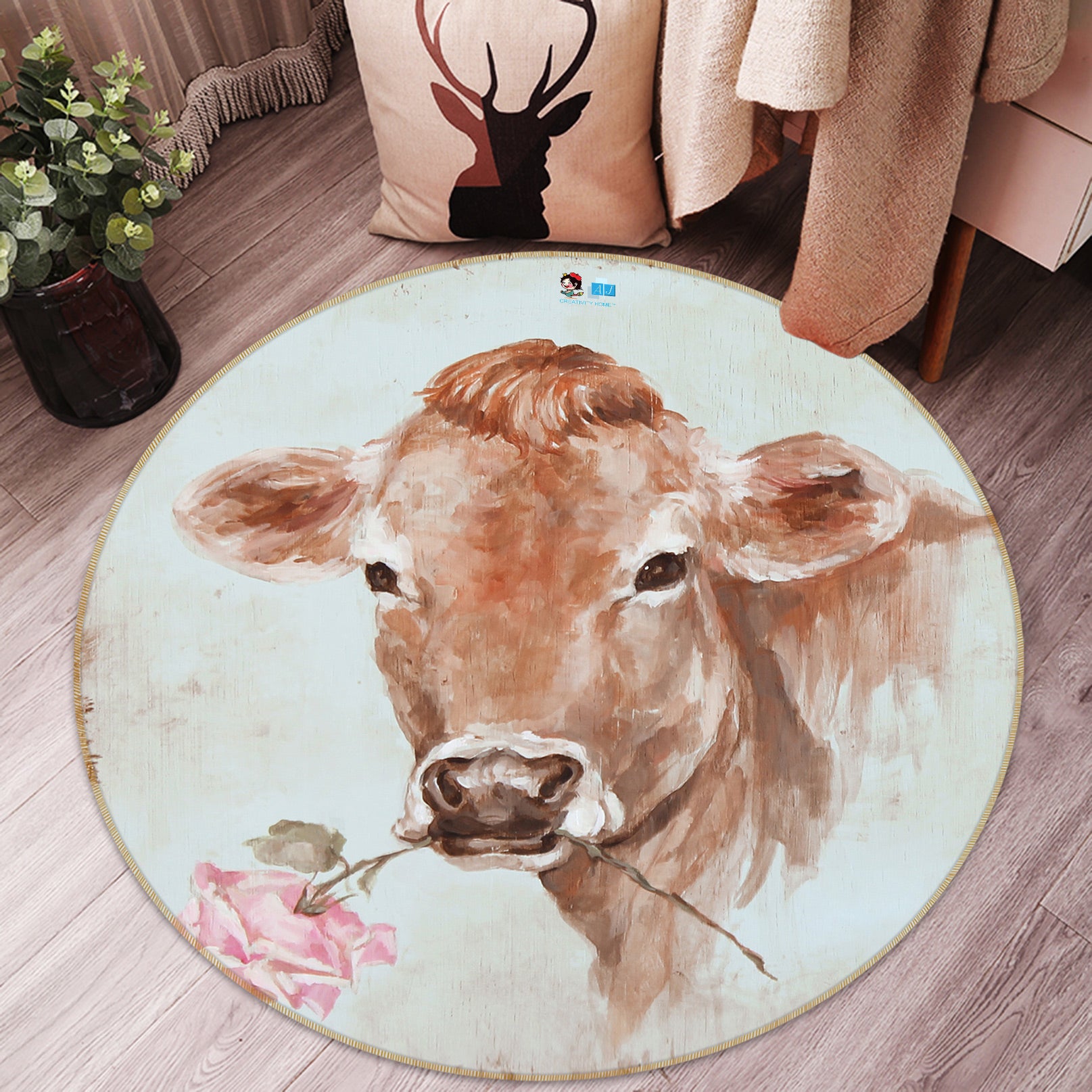 3D Cow With Flower 1150 Debi Coules Rug Round Non Slip Rug Mat