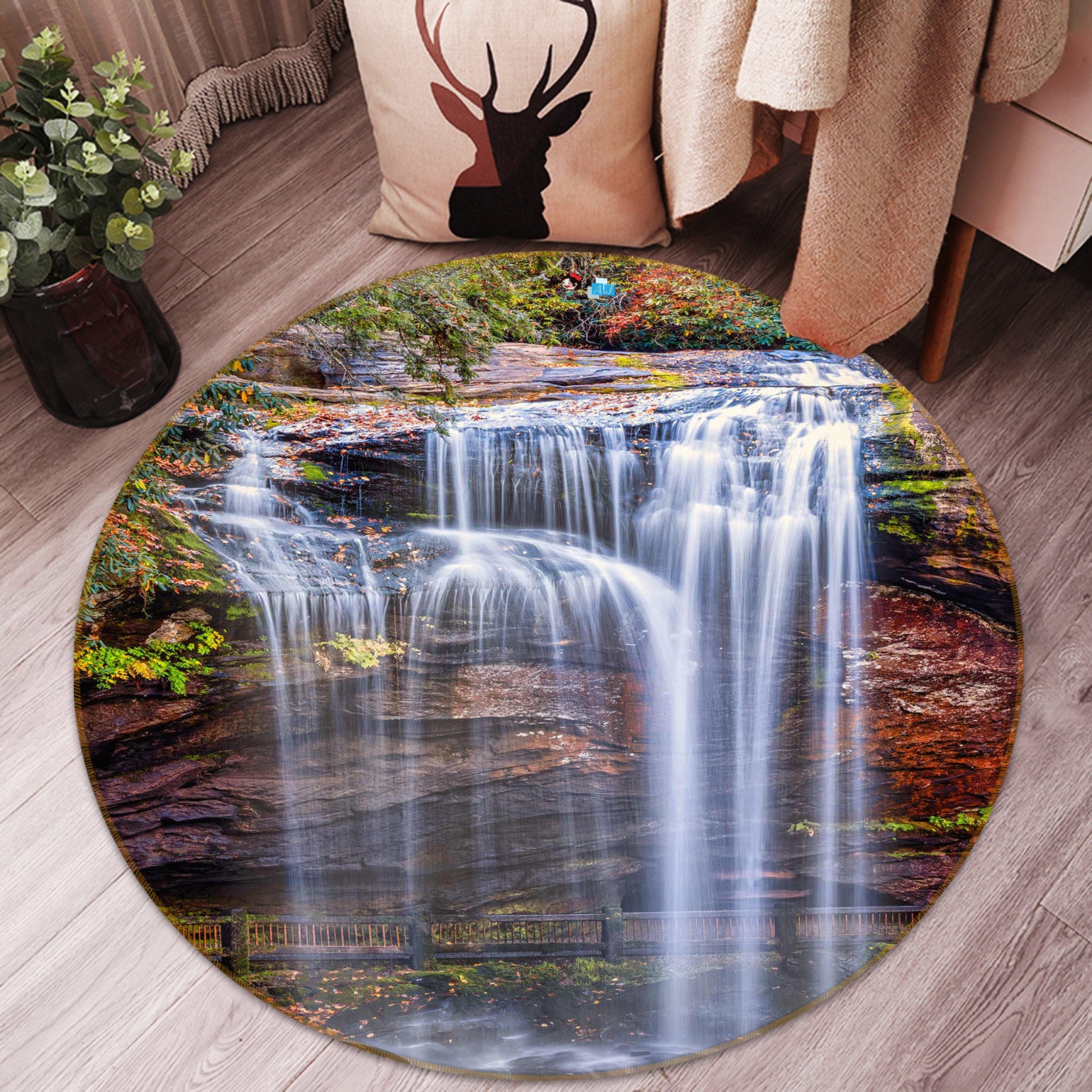 3D Waterfall Stone 5057 Beth Sheridan Rug Round Non Slip Rug Mat