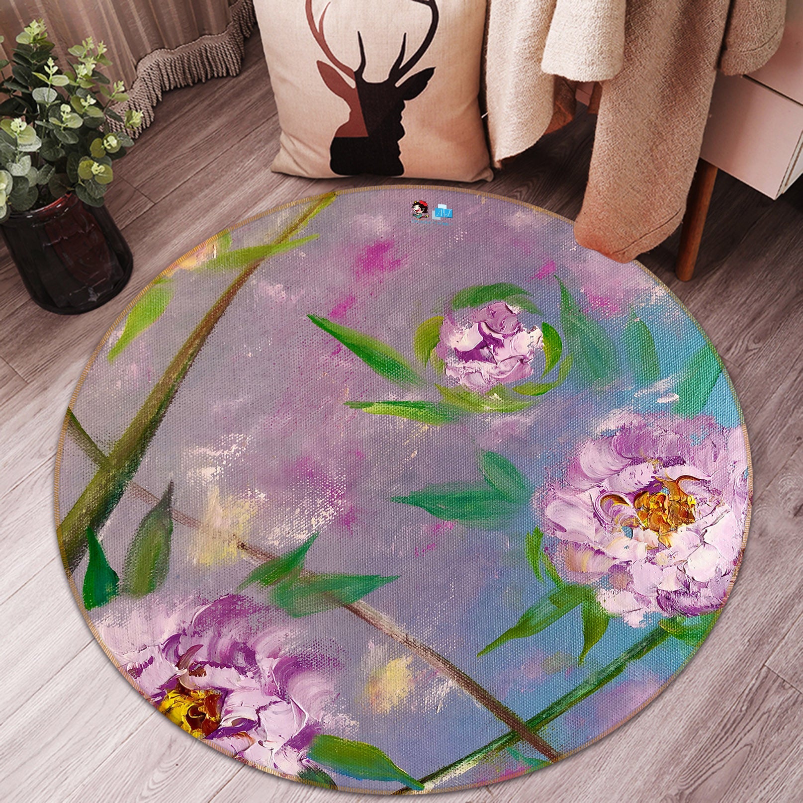 3D Purple Flower Leaves 847 Skromova Marina Rug Round Non Slip Rug Mat