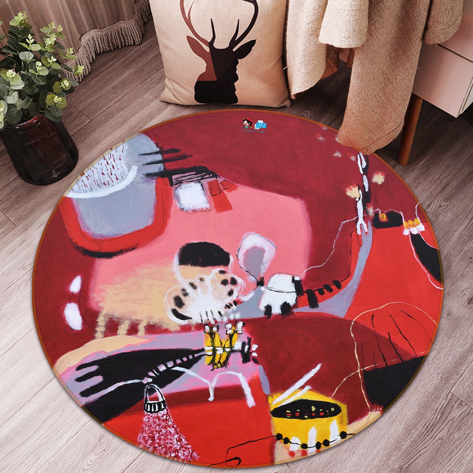 3D Red Graffiti 1304 Misako Chida Rug Round Non Slip Rug Mat