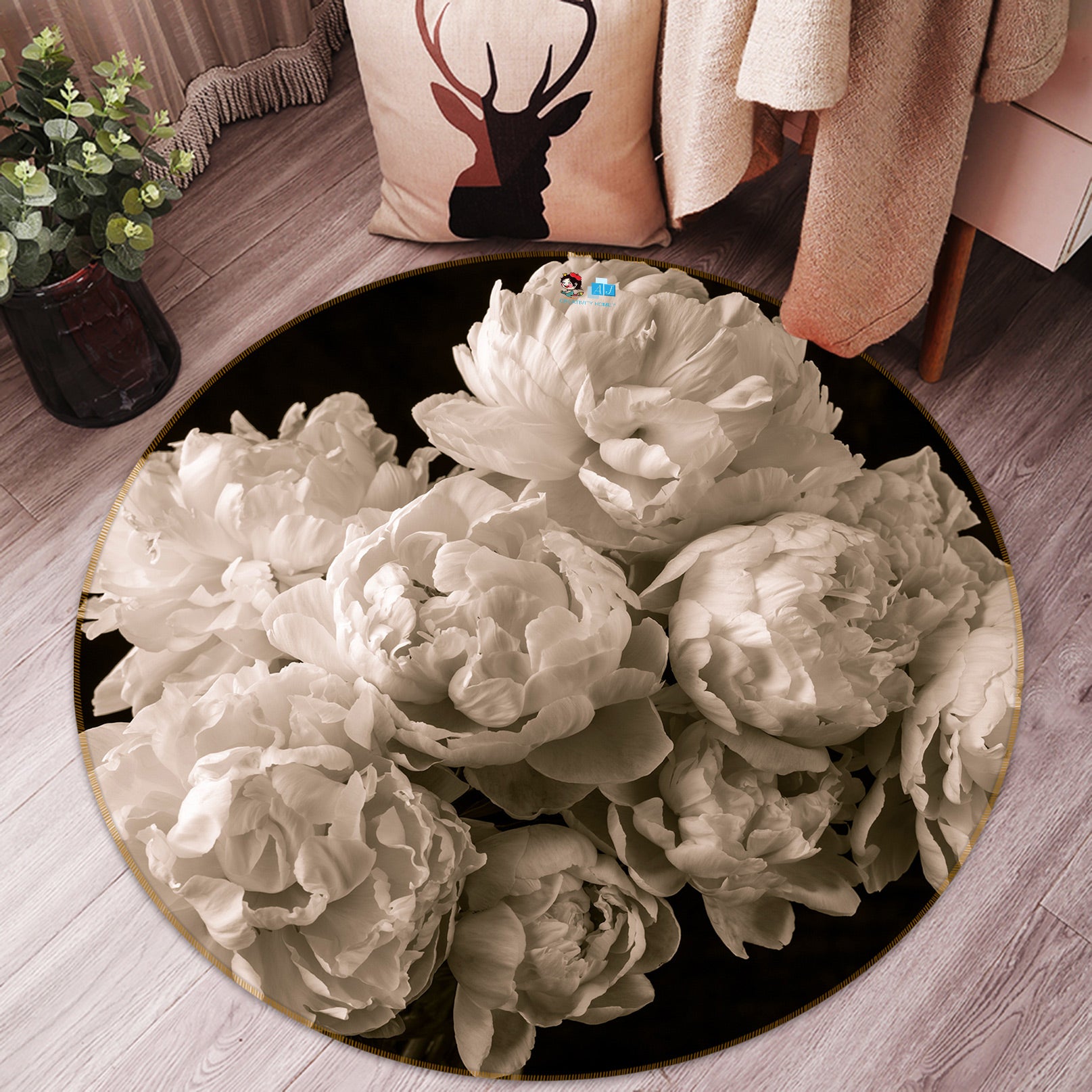 3D Gray Flower 7524 Assaf Frank Rug Round Non Slip Rug Mat