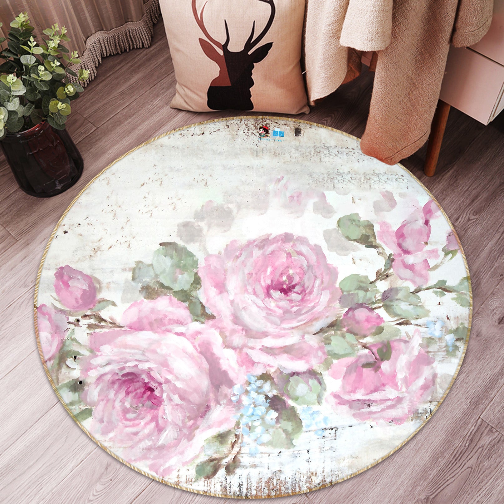 3D Flower Pink Rose 1173 Debi Coules Rug Round Non Slip Rug Mat