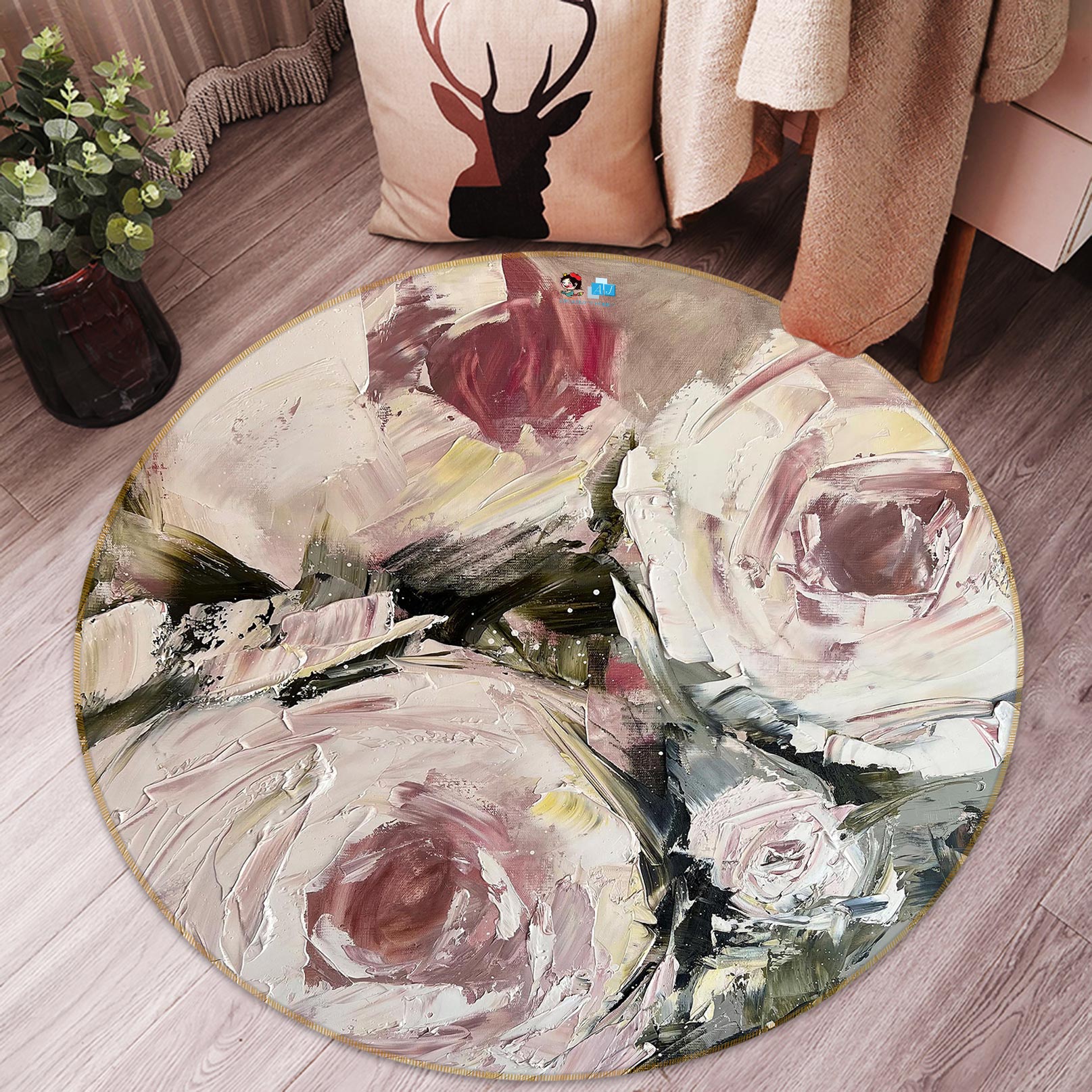 3D Pigment Rose 761 Skromova Marina Rug Round Non Slip Rug Mat