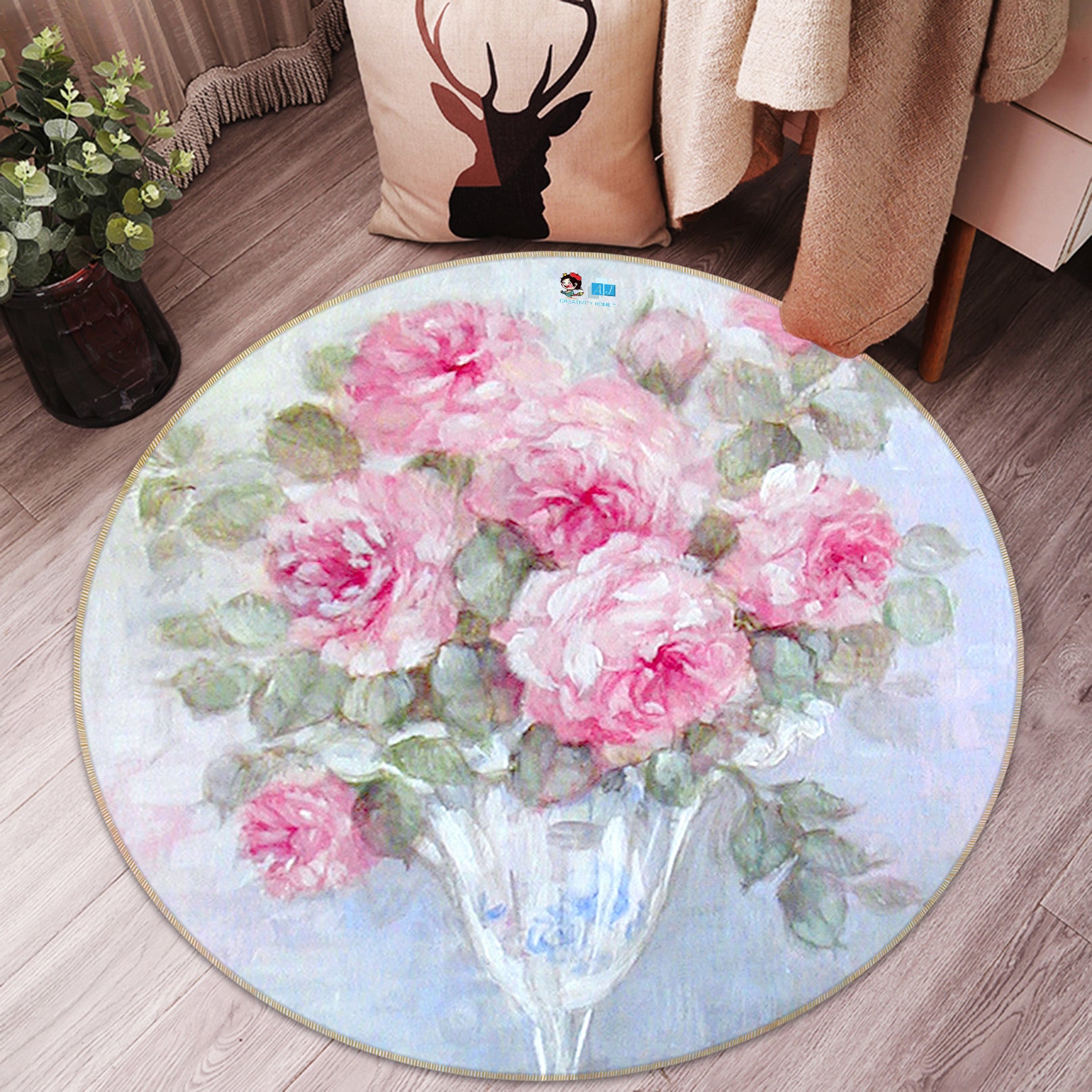 3D Flower Vase 1182 Debi Coules Rug Round Non Slip Rug Mat