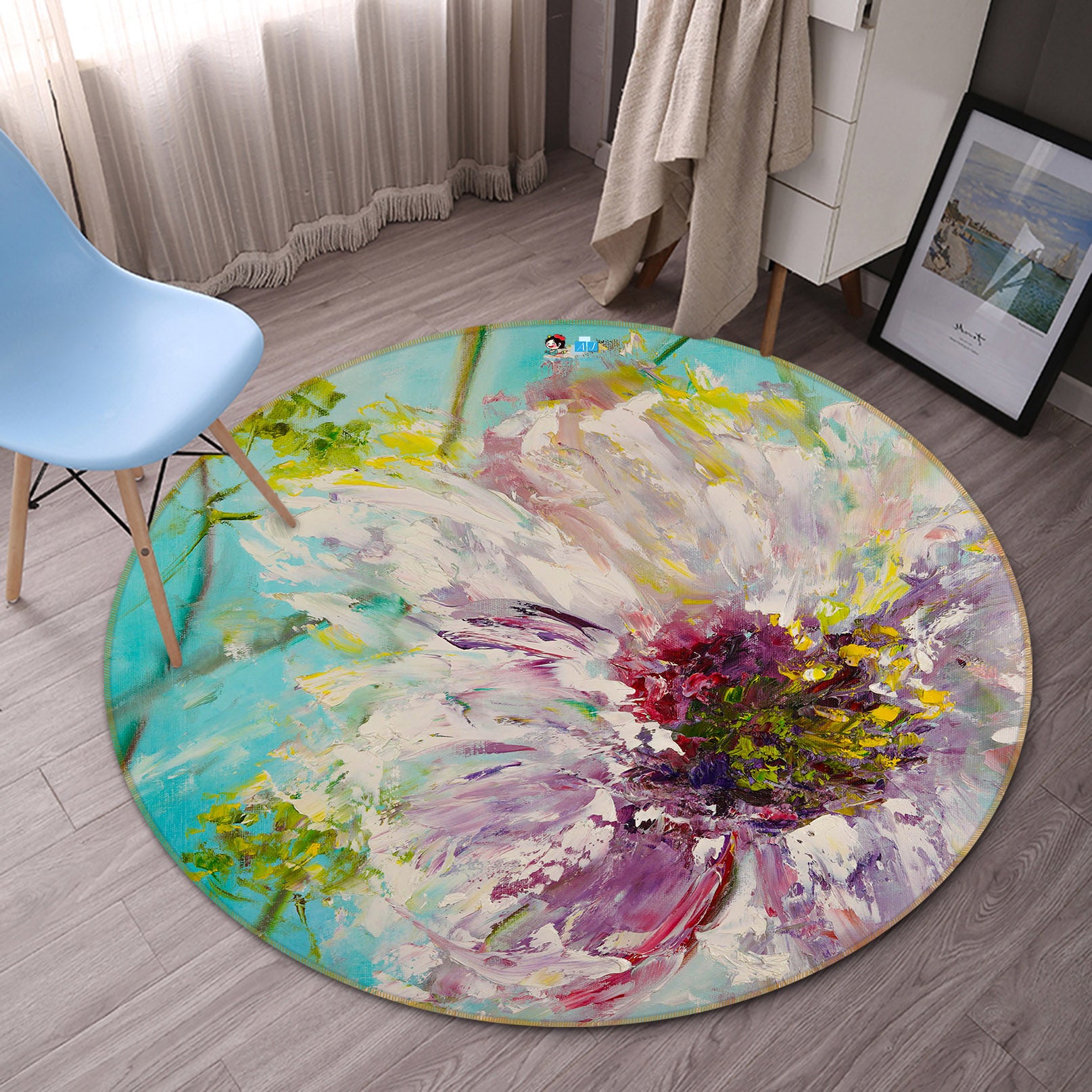 3D Pink Painted Flowers 842 Skromova Marina Rug Round Non Slip Rug Mat