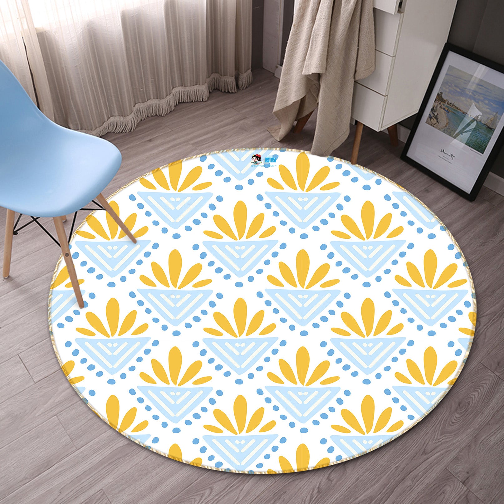 3D Blue Yellow Pattern 10527 Kashmira Jayaprakash Rug Round Non Slip Rug Mat