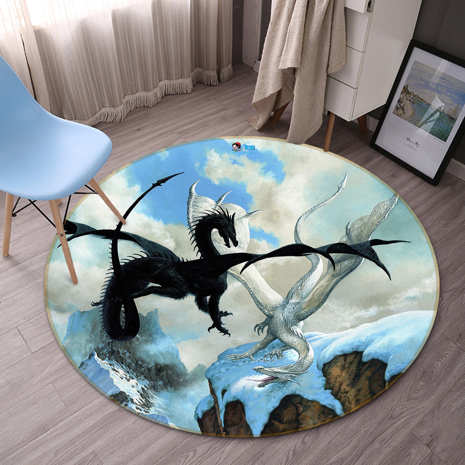 3D Black White Dragon 6112 Ciruelo Rug Round Non Slip Rug Mat