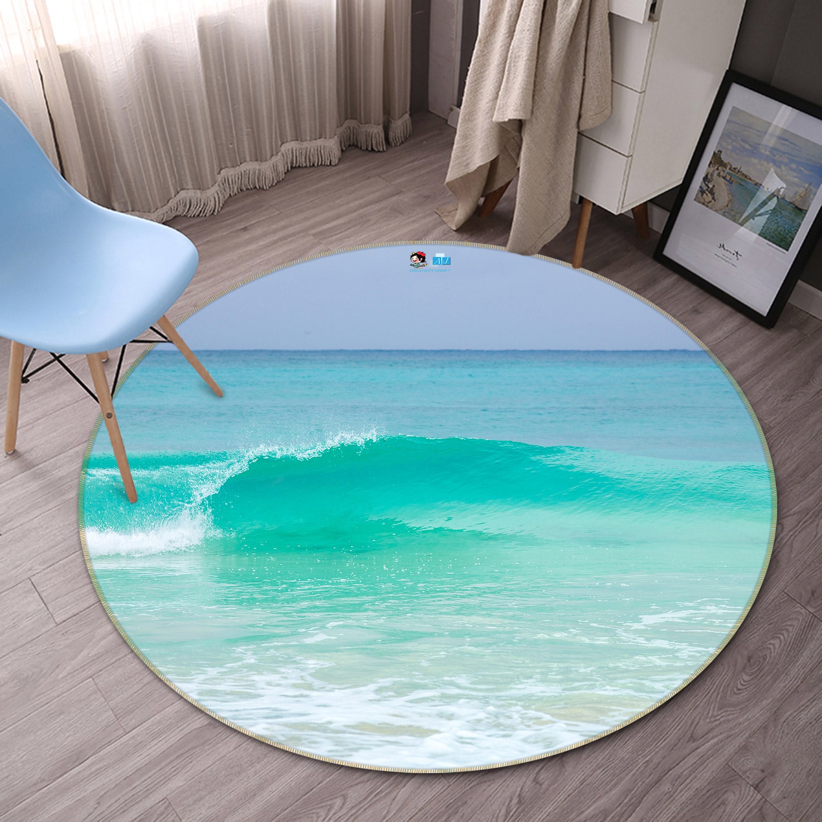 3D Blue Waves 7530 Assaf Frank Rug Round Non Slip Rug Mat