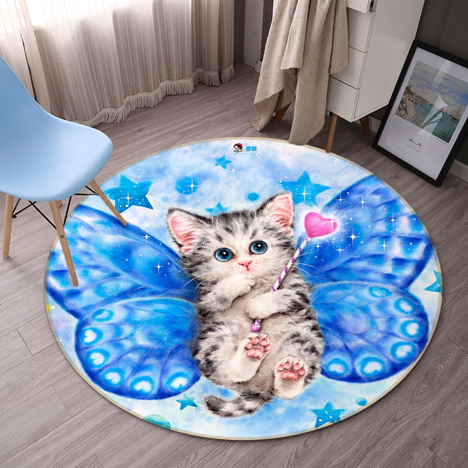 3D Blue Butterfly Cat 722 Kayomi Harai Rug Round Non Slip Rug Mat