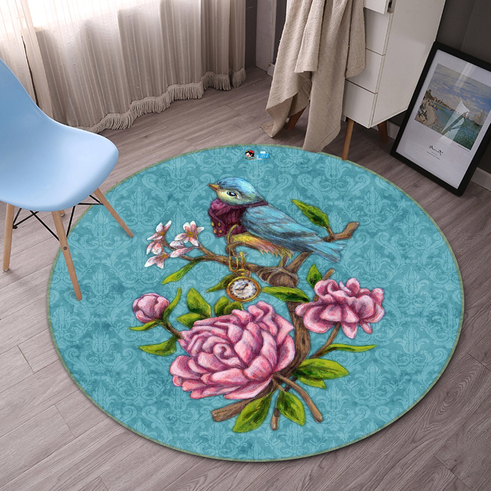 3D Pink Flower Bird 8880 Brigid Ashwood Rug Round Non Slip Rug Mat