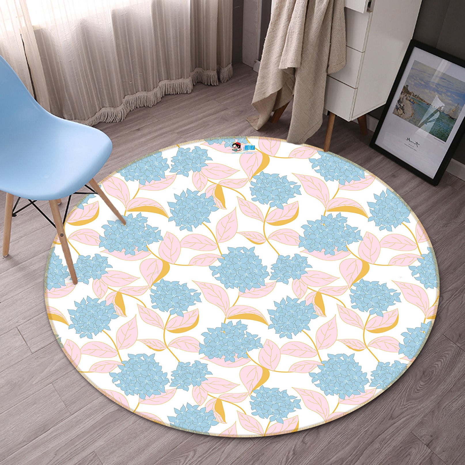 3D Blue Floral Pink Leaves 10555 Kashmira Jayaprakash Rug Round Non Slip Rug Mat