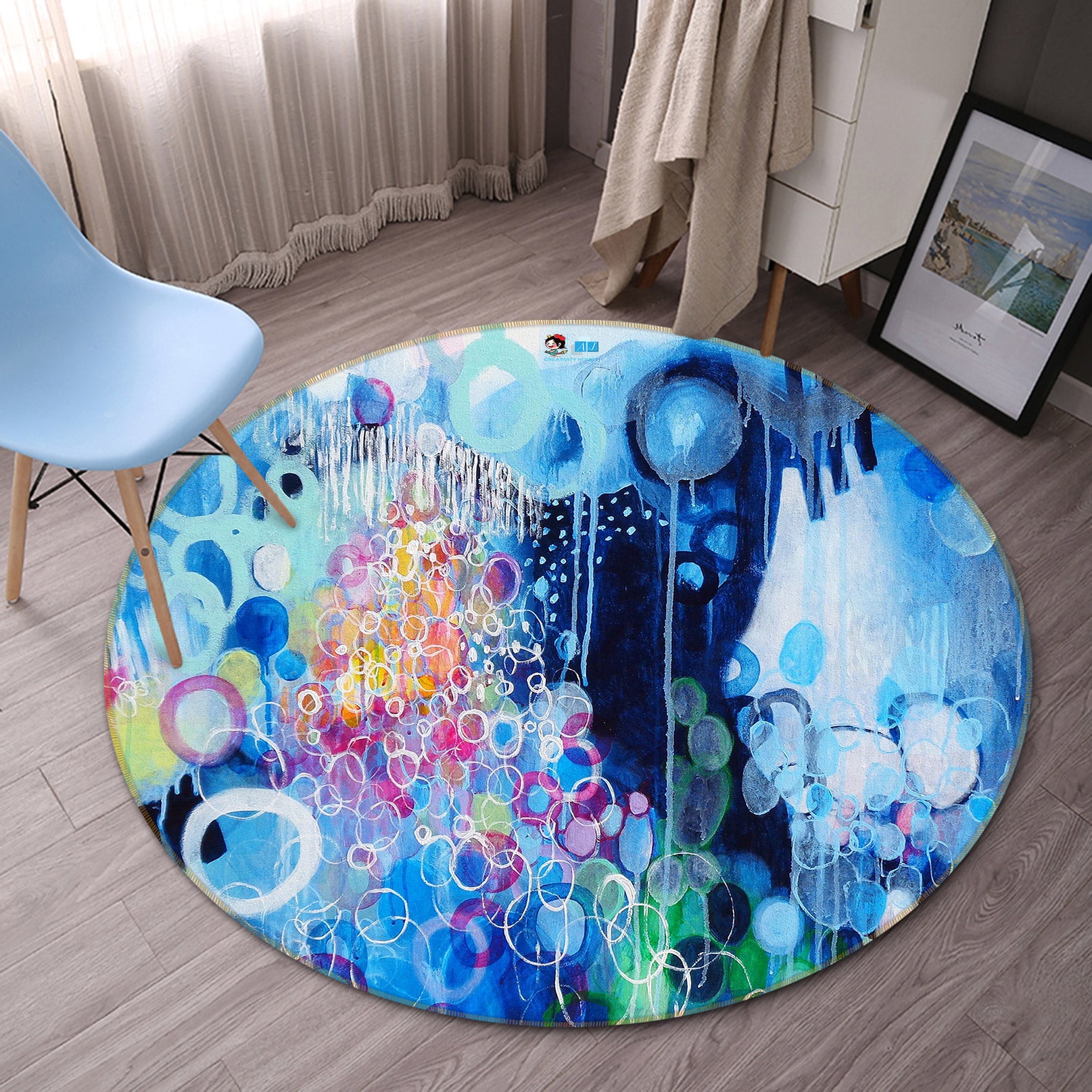 3D Blue Bubble 1303 Misako Chida Rug Round Non Slip Rug Mat