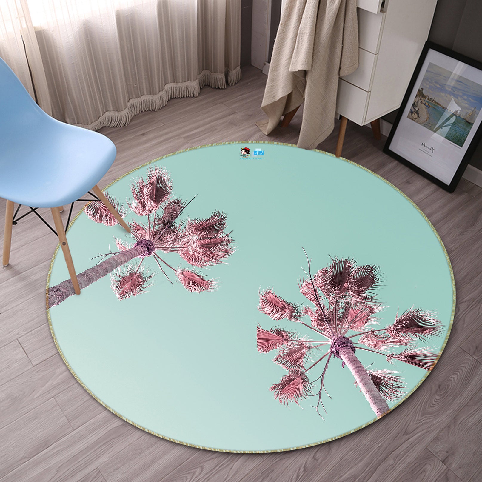 3D Pink Coconut Tree 7551 Assaf Frank Rug Round Non Slip Rug Mat