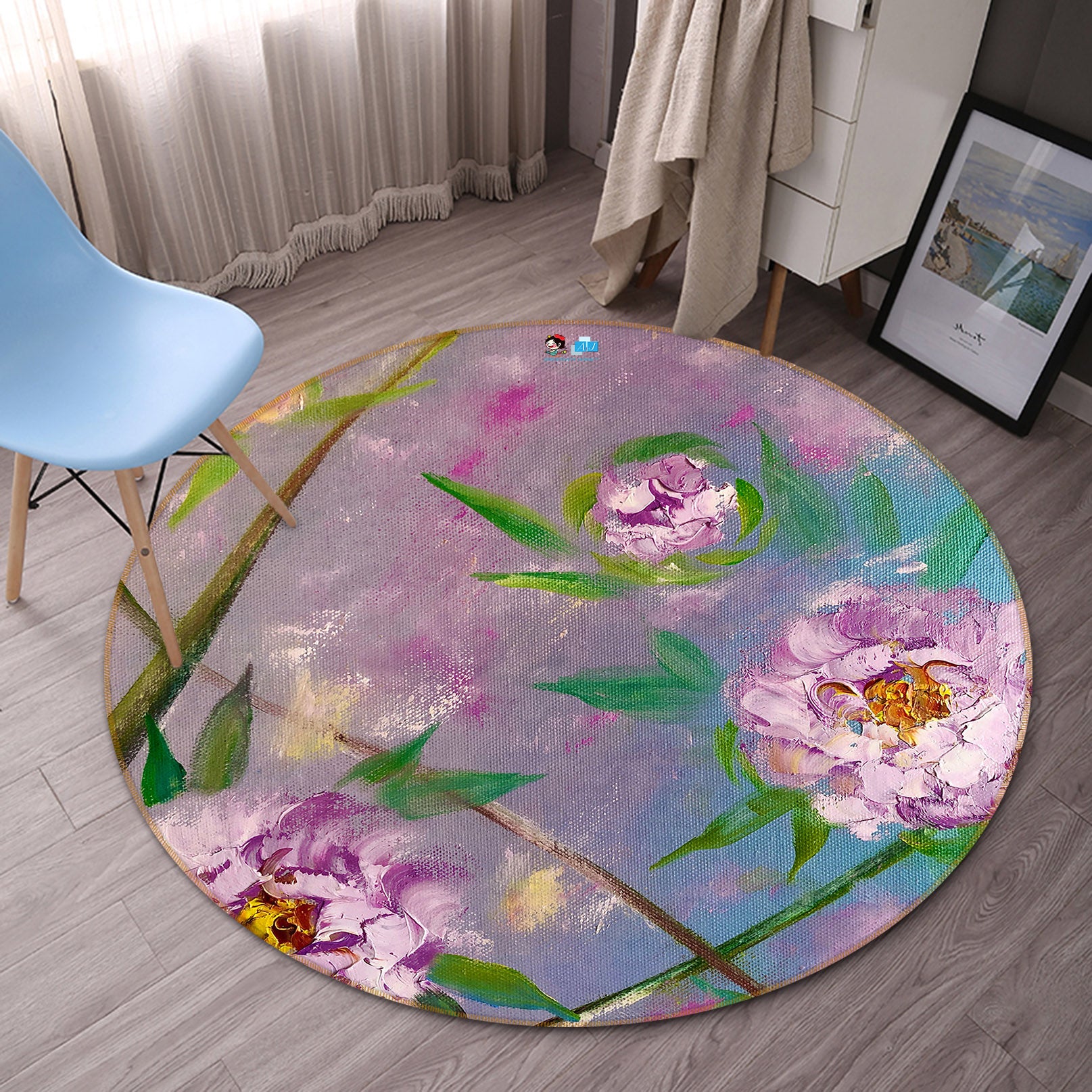 3D Purple Flower Leaves 847 Skromova Marina Rug Round Non Slip Rug Mat