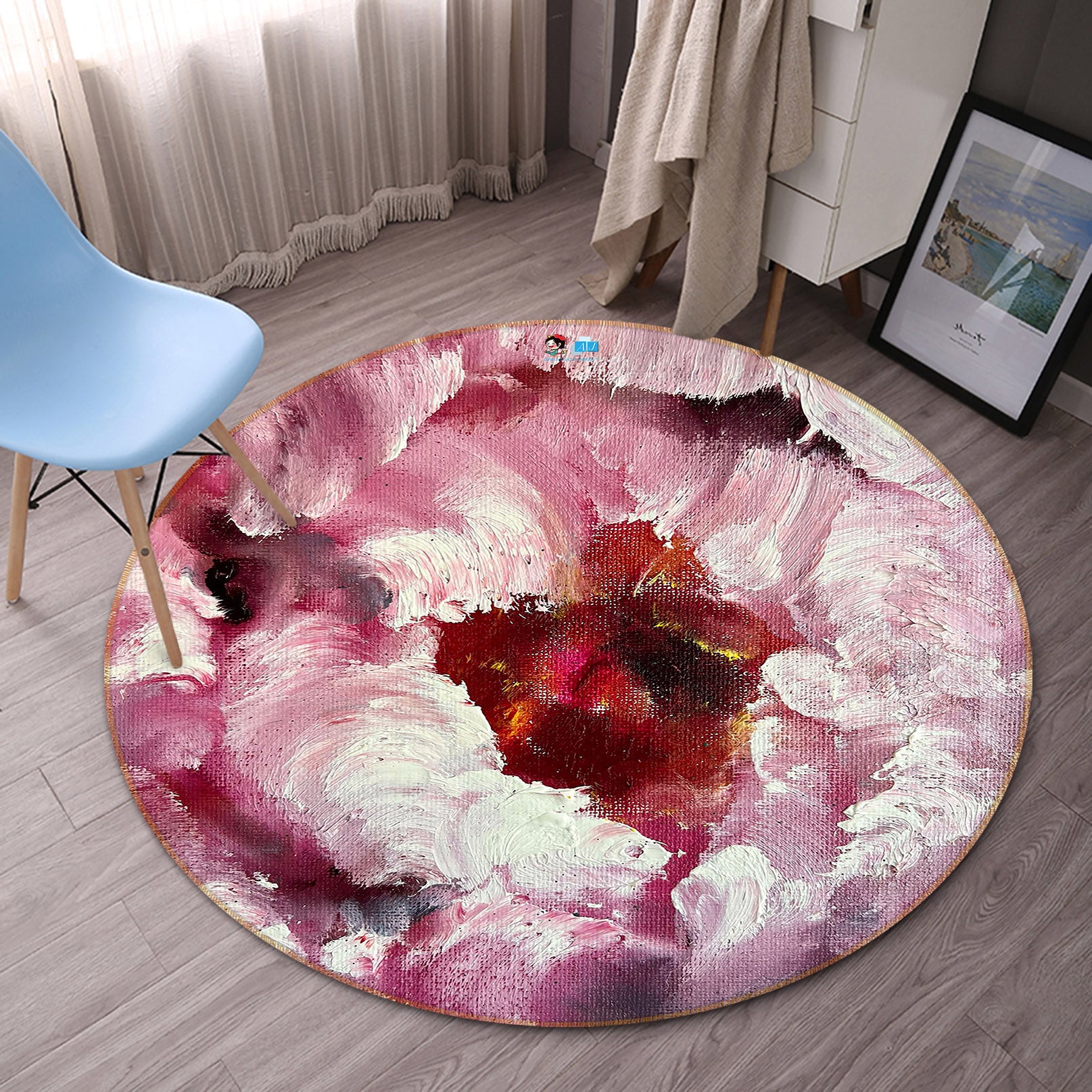 3D Painted Pink Flower 875 Skromova Marina Rug Round Non Slip Rug Mat