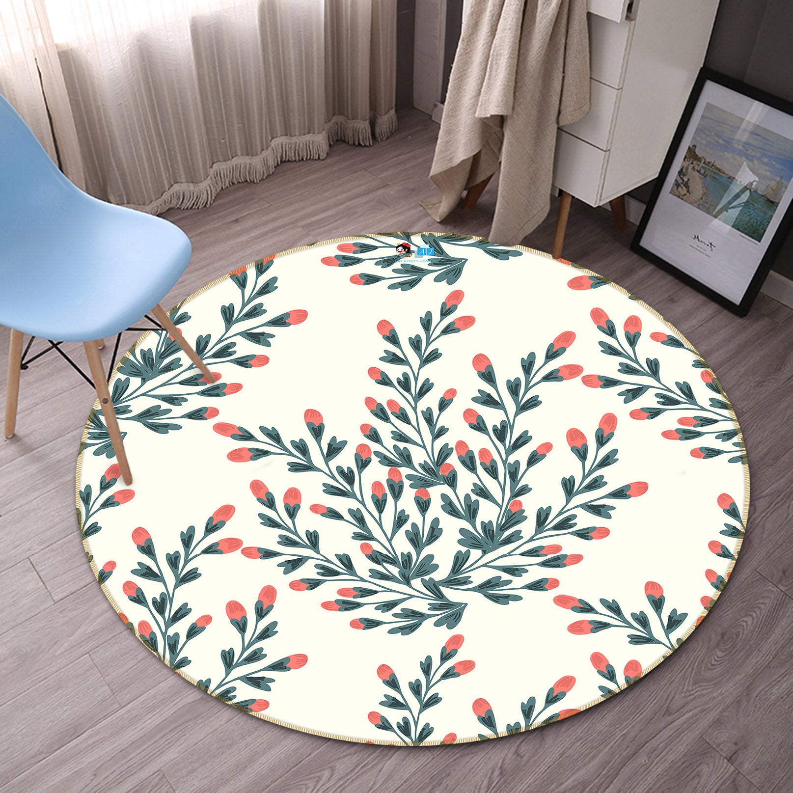 3D Flower Branch 10503 Kashmira Jayaprakash Rug Round Non Slip Rug Mat