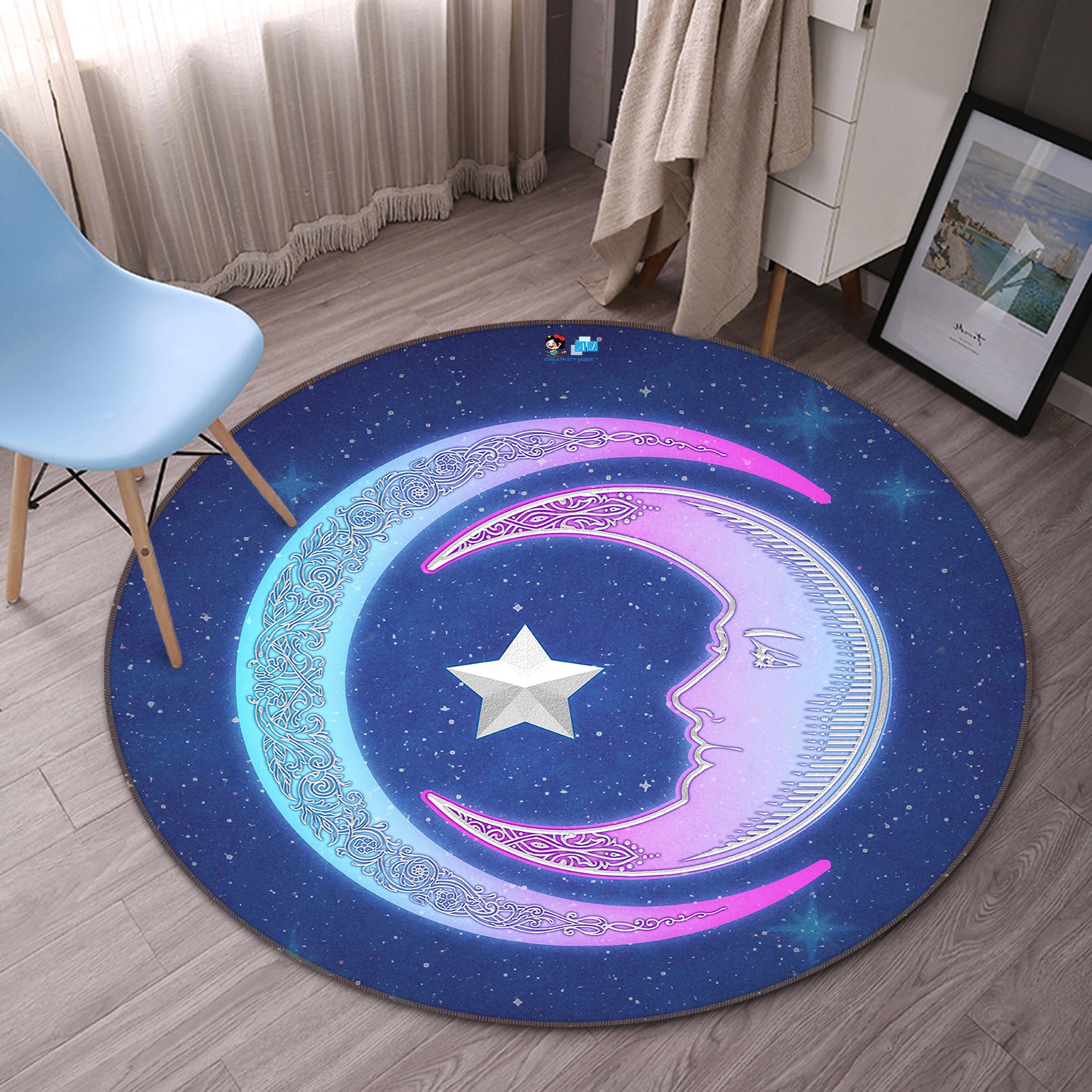 3D Pink Moon Stars 8888 Brigid Ashwood Rug Round Non Slip Rug Mat