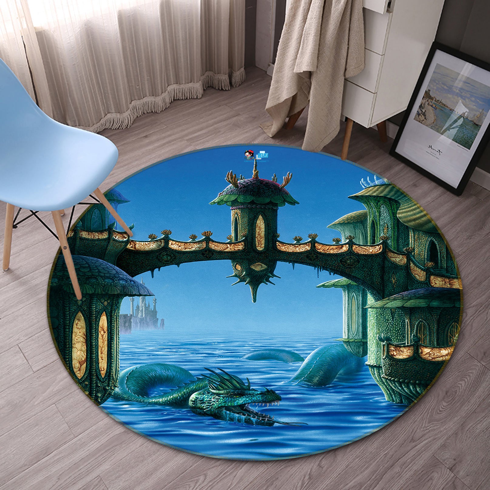 3D Blue Sea Dragon Bridge 6071 Ciruelo Rug Round Non Slip Rug Mat