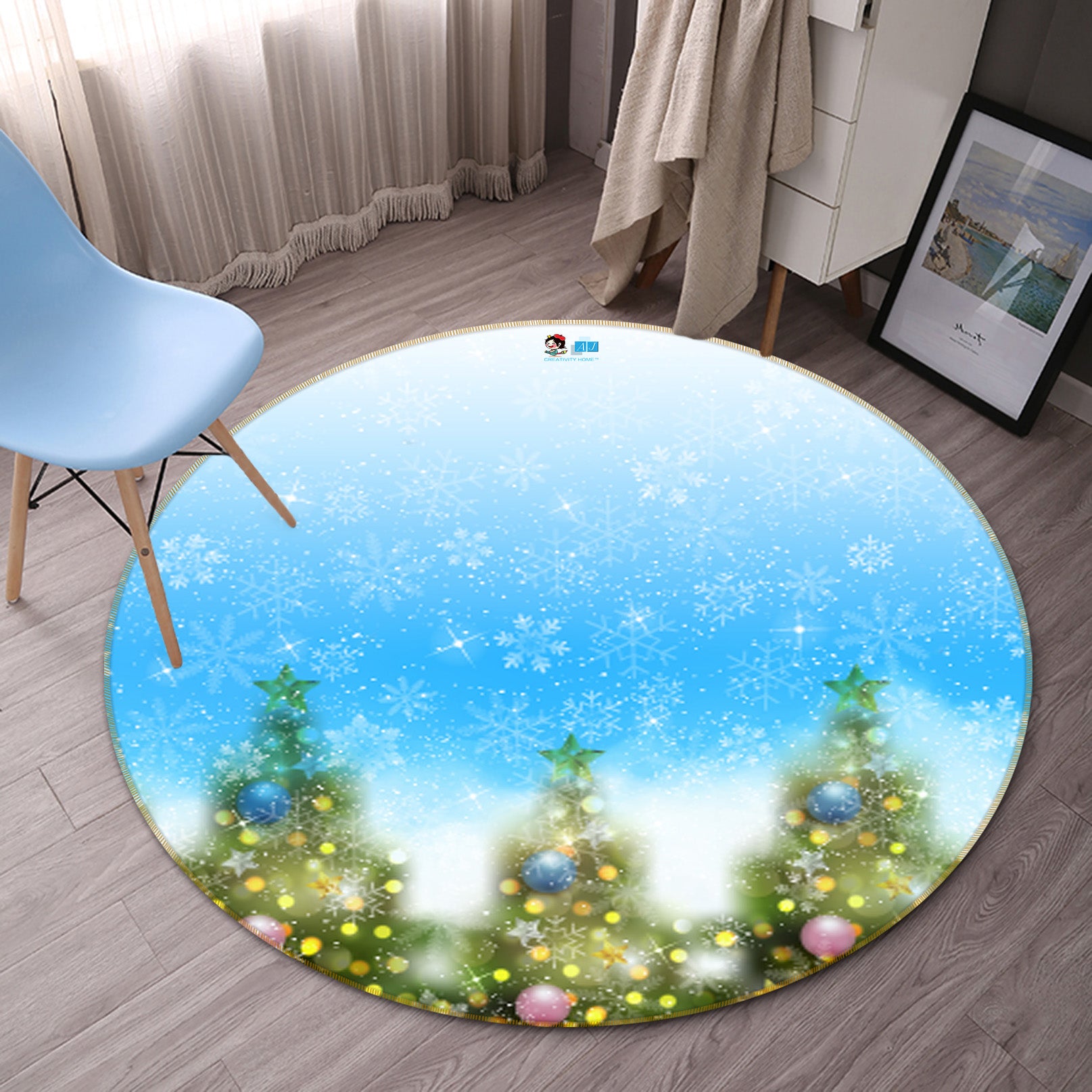 3D Tree Snowflake 56066 Christmas Round Non Slip Rug Mat Xmas