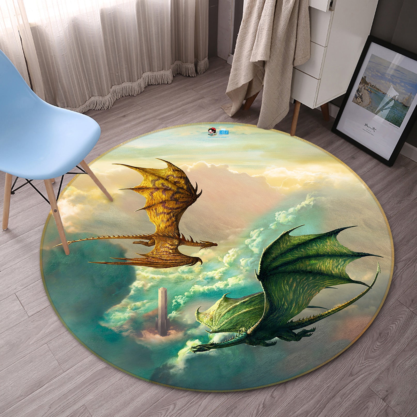 3D Clouds Dragon 6160 Ciruelo Rug Round Non Slip Rug Mat