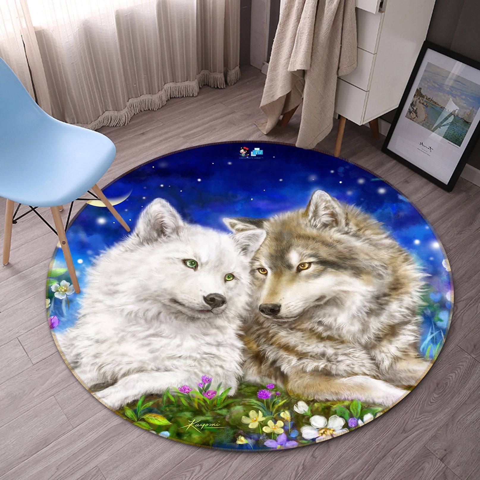 3D Wolf Couple 6031 Kayomi Harai Rug Round Non Slip Rug Mat