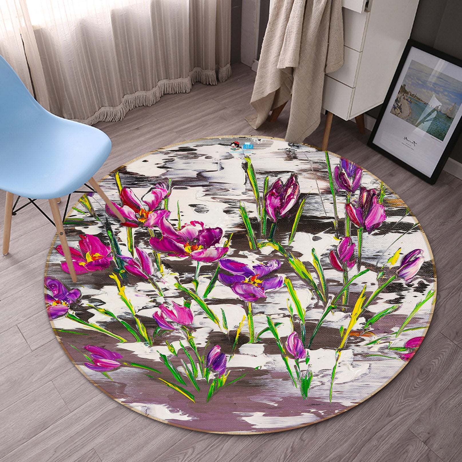 3D Purple Flower 879 Skromova Marina Rug Round Non Slip Rug Mat