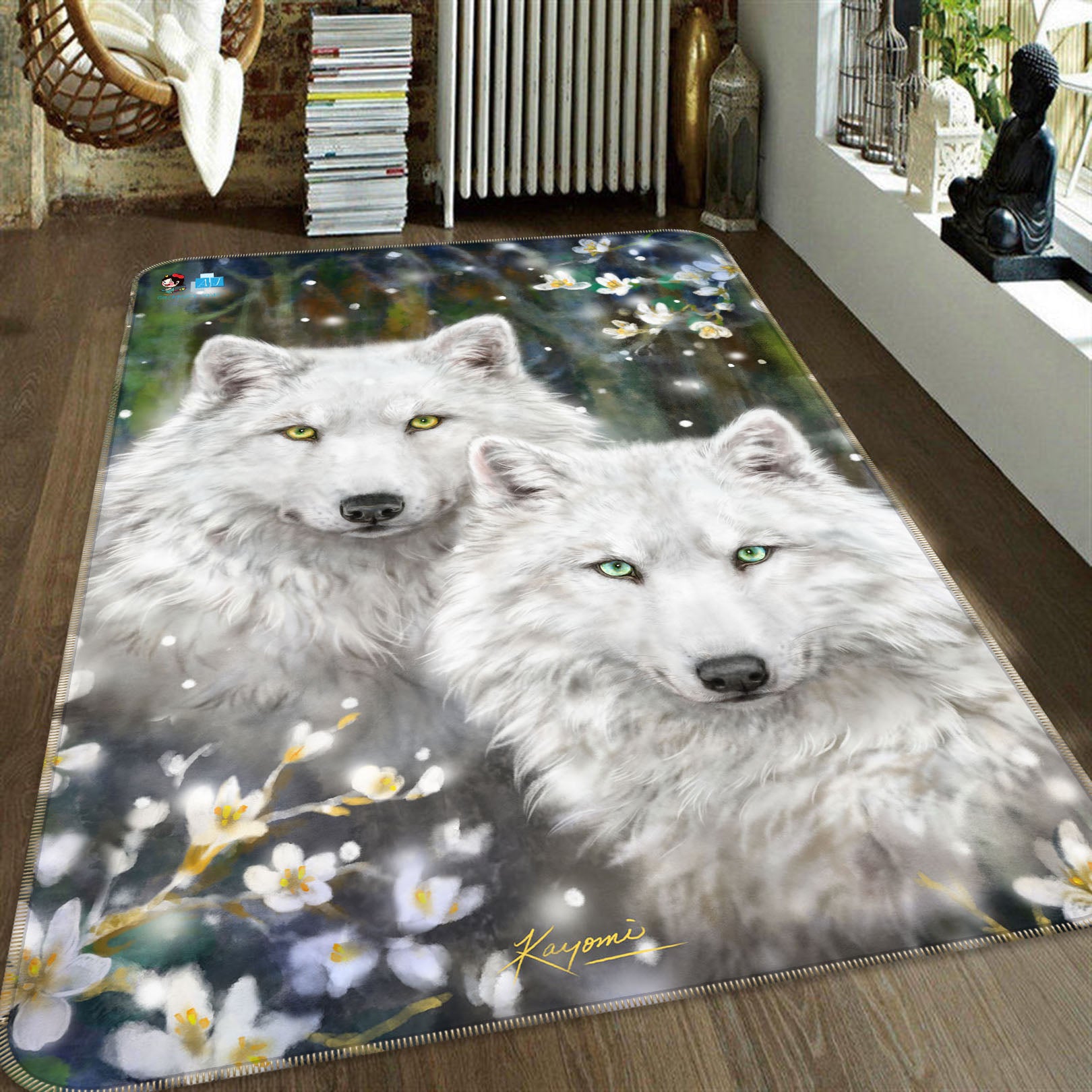 3D White Wolf Flower 5702 Kayomi Harai Rug Non Slip Rug Mat