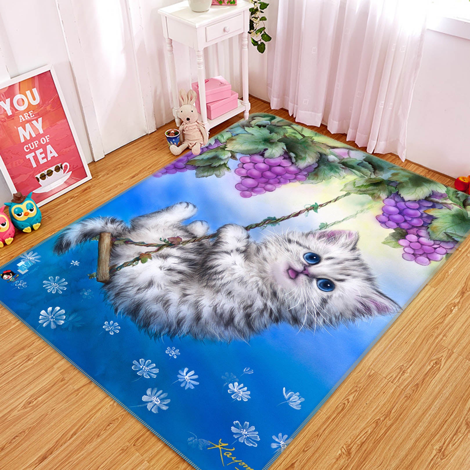 3D Grape Cat 5694 Kayomi Harai Rug Non Slip Rug Mat