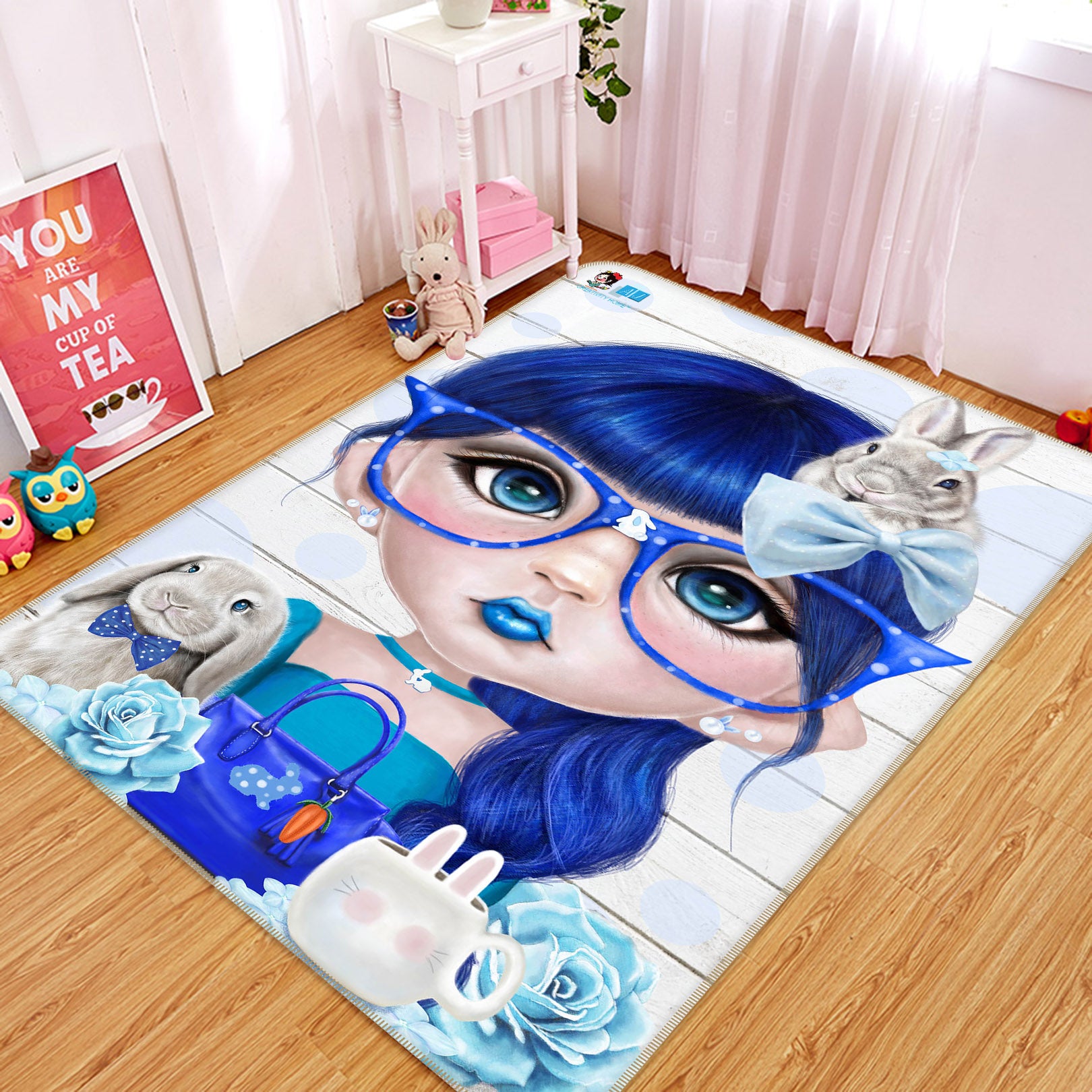 3D Blue Girl Bunny 8527 Sheena Pike Rug Non Slip Rug Mat