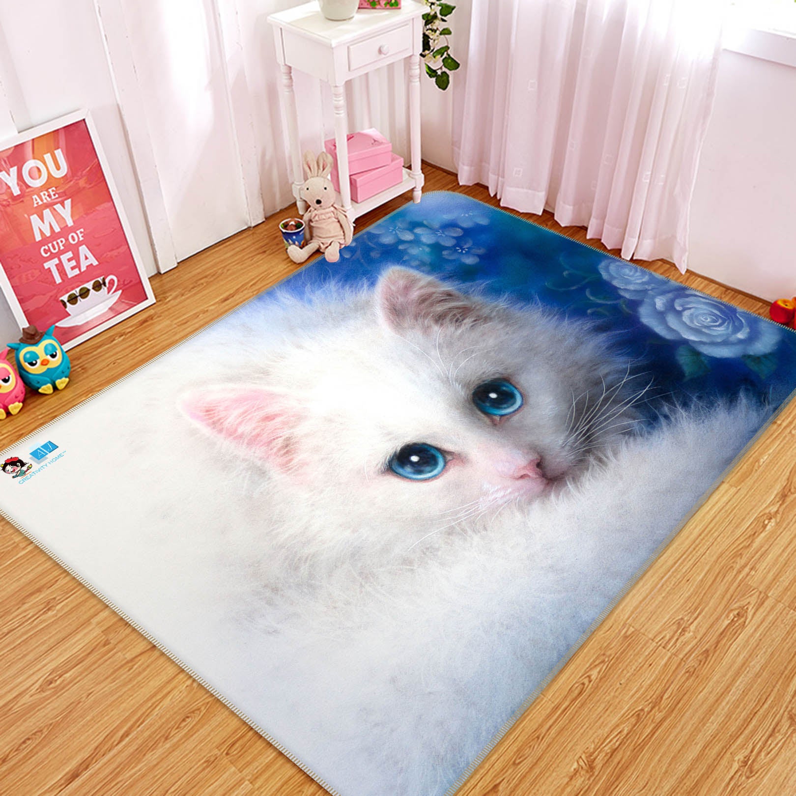 3D White Cat 5650 Kayomi Harai Rug Non Slip Rug Mat