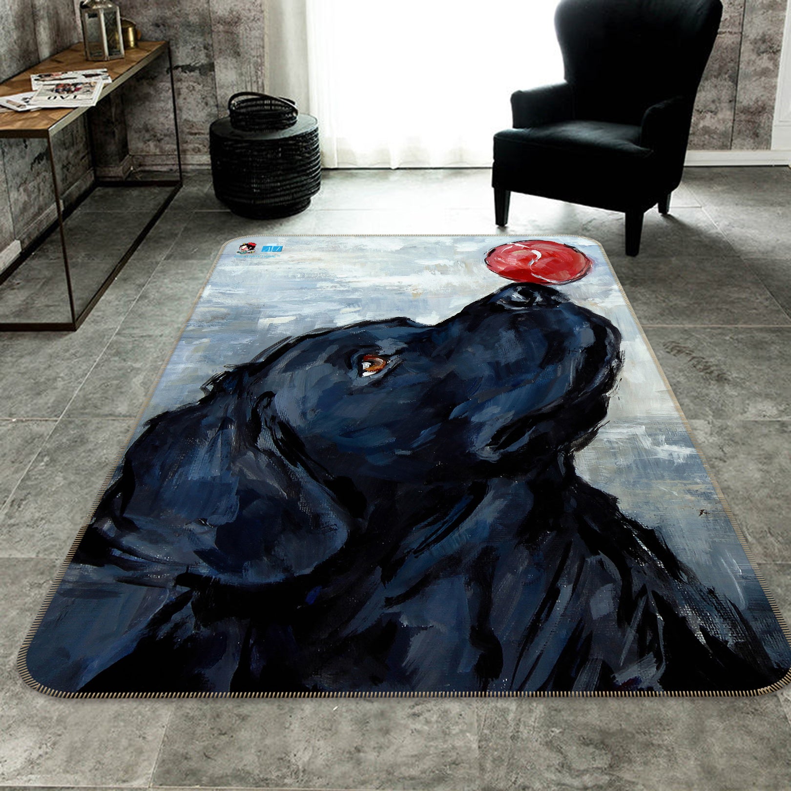 3D Black Dog Red Ball 0176 Debi Coules Rug Non Slip Rug Mat