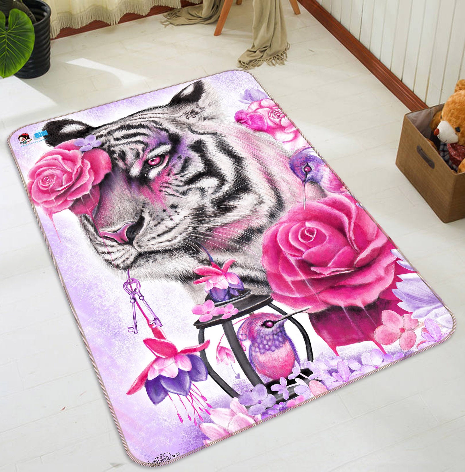 3D Pink Flower Tiger 8550 Sheena Pike Rug Non Slip Rug Mat