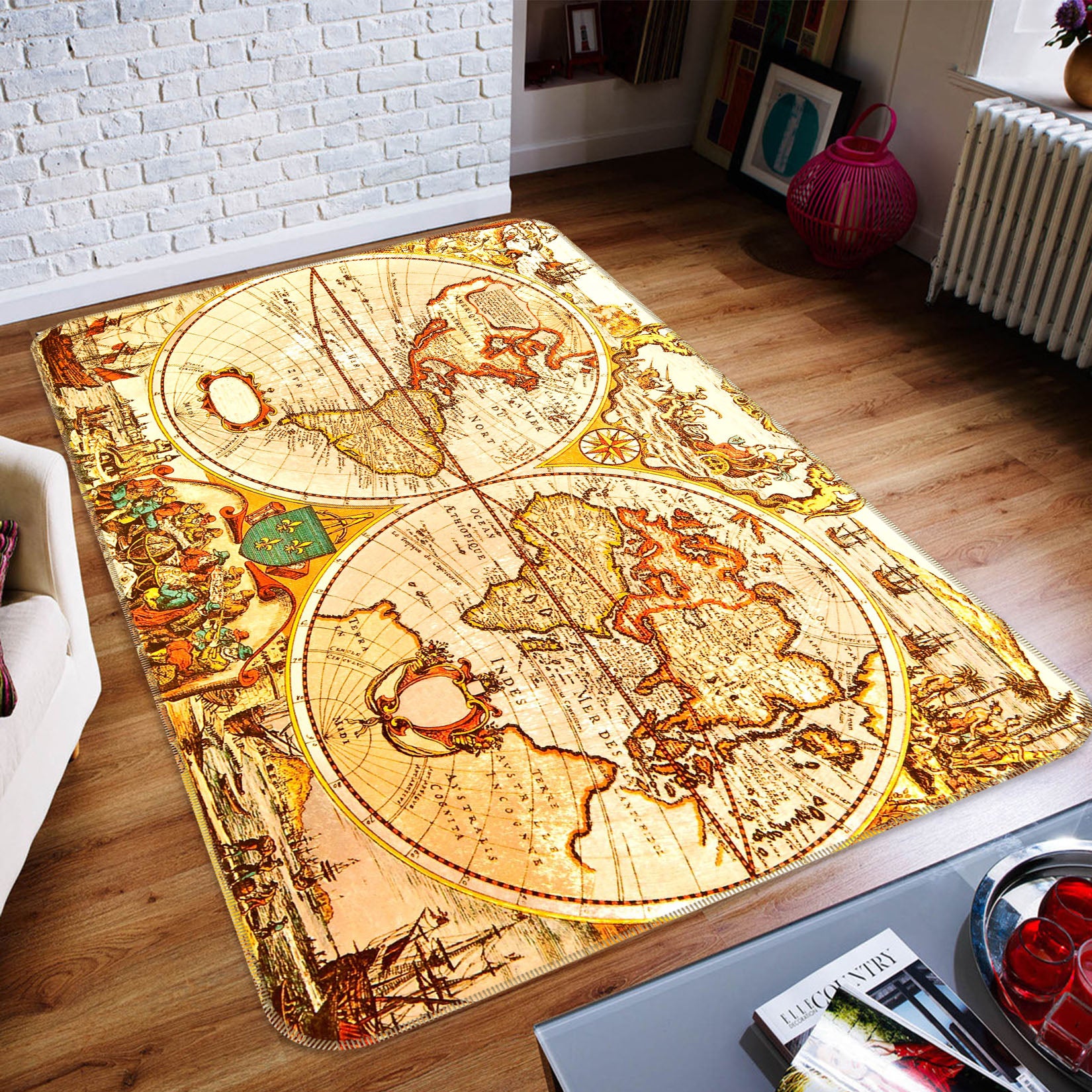 3D Gold Pattern 213 World Map Non Slip Rug Mat