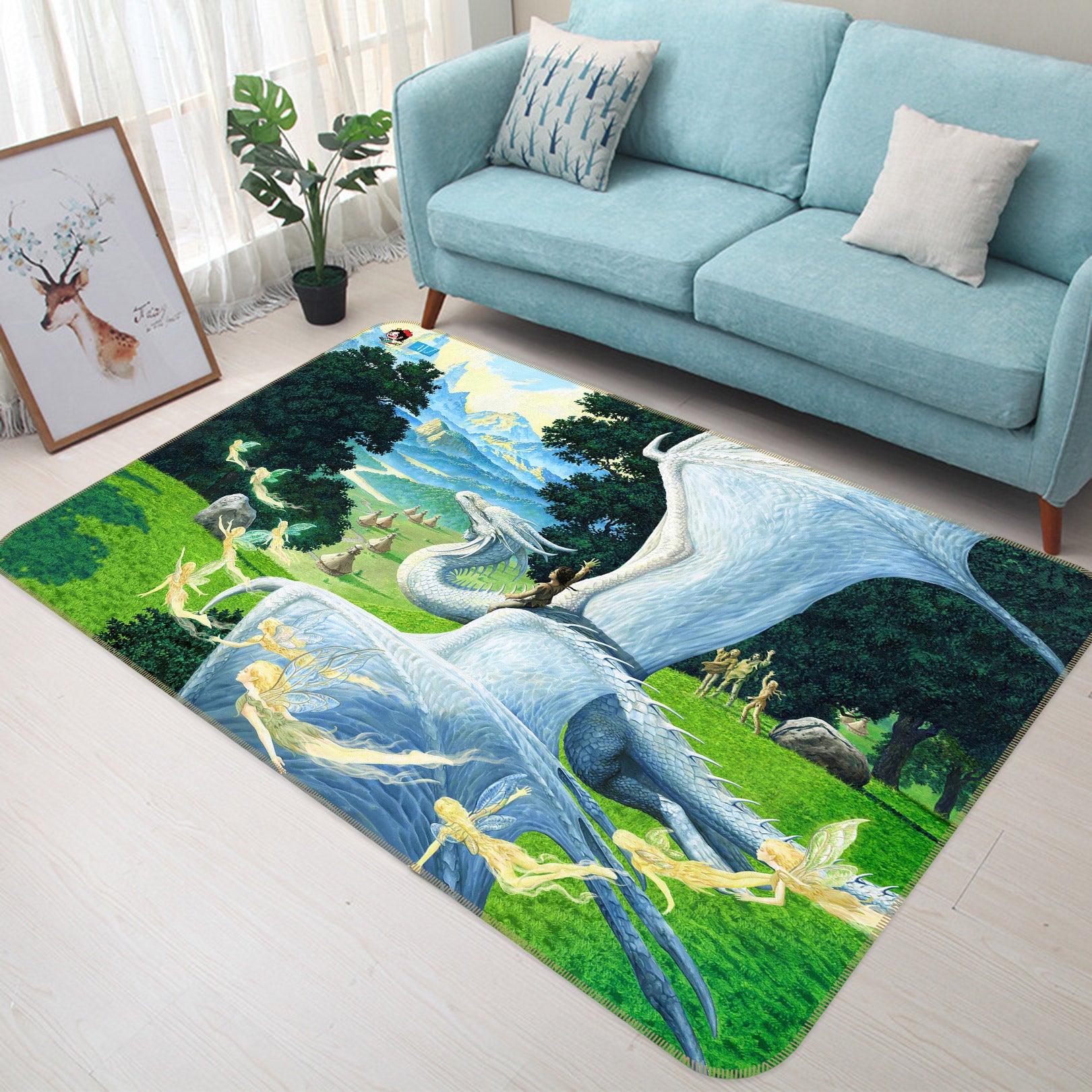 3D White Dragon Golden Elf Grassland 5156 Ciruelo Rug Non Slip Rug Mat