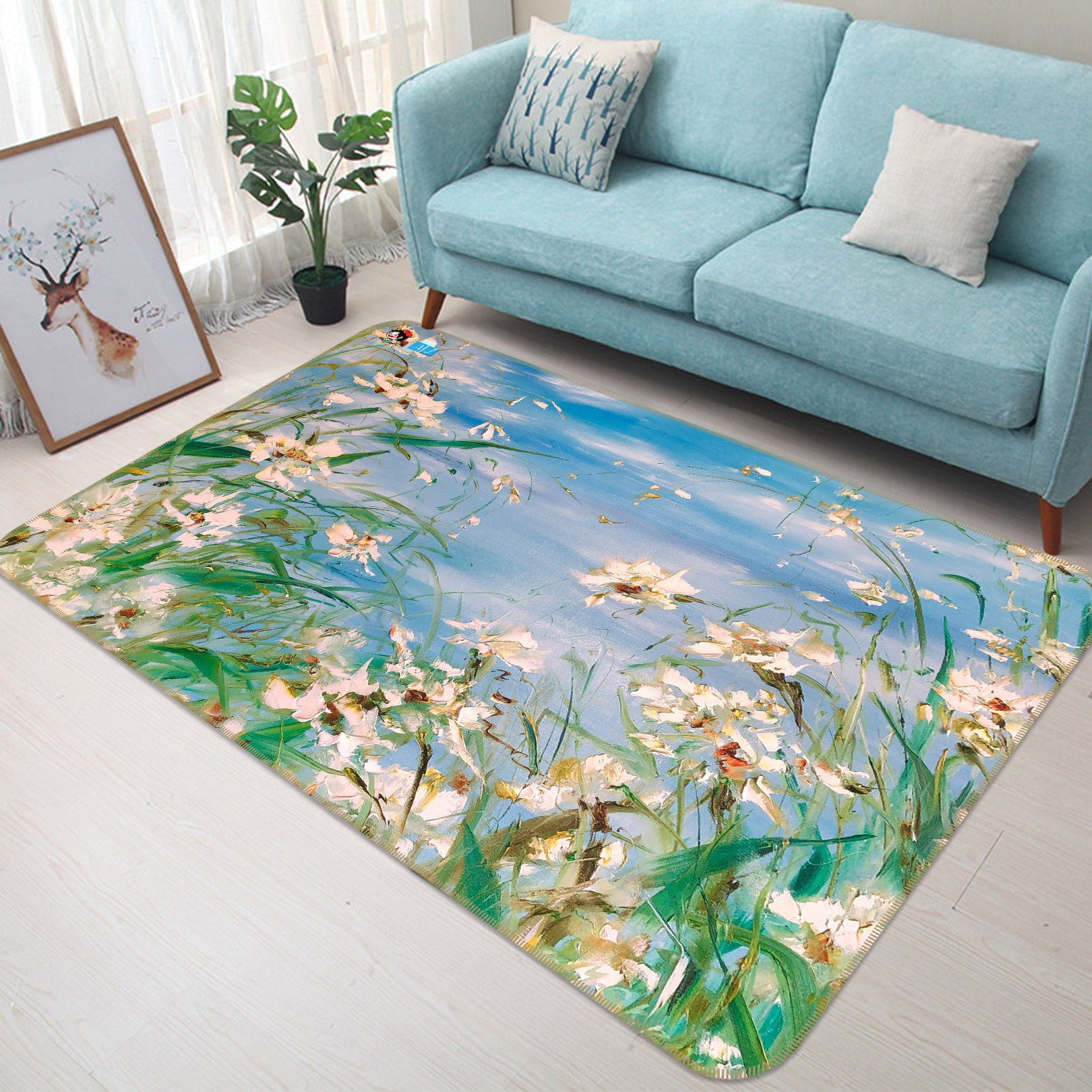 3D White Flower Grass 1233 Skromova Marina Rug Non Slip Rug Mat