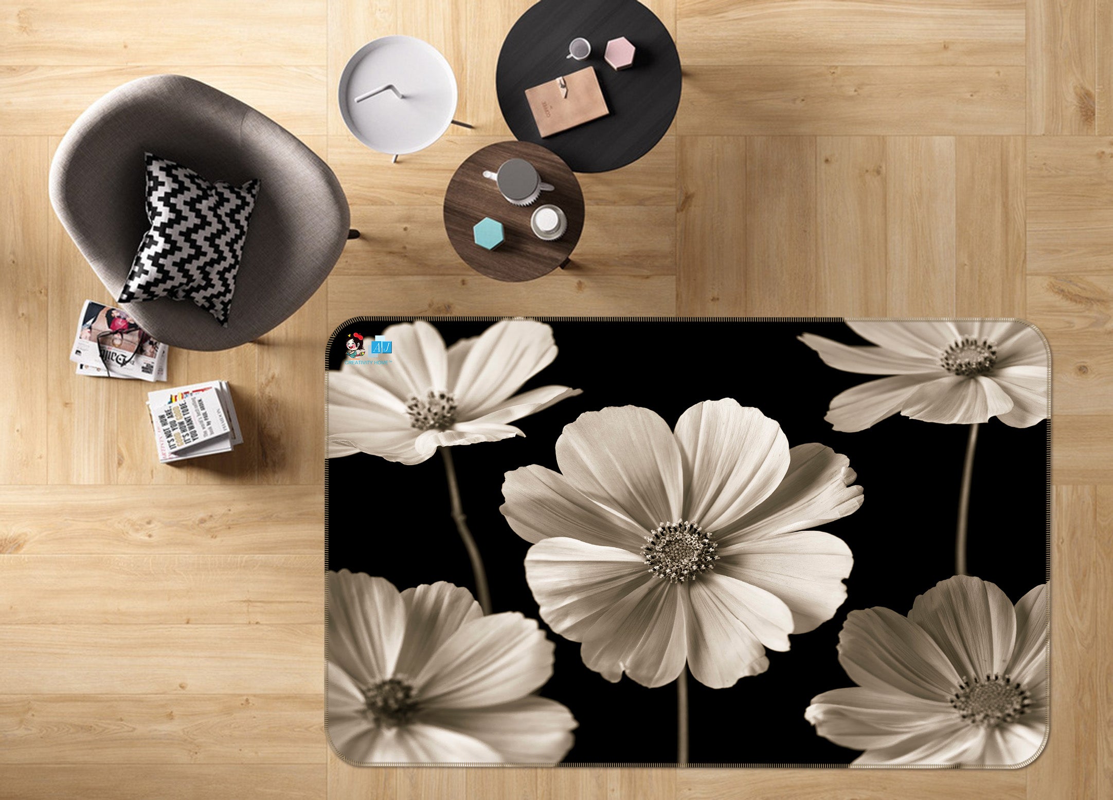 3D Gray Daisy 6707 Assaf Frank Rug Non Slip Rug Mat