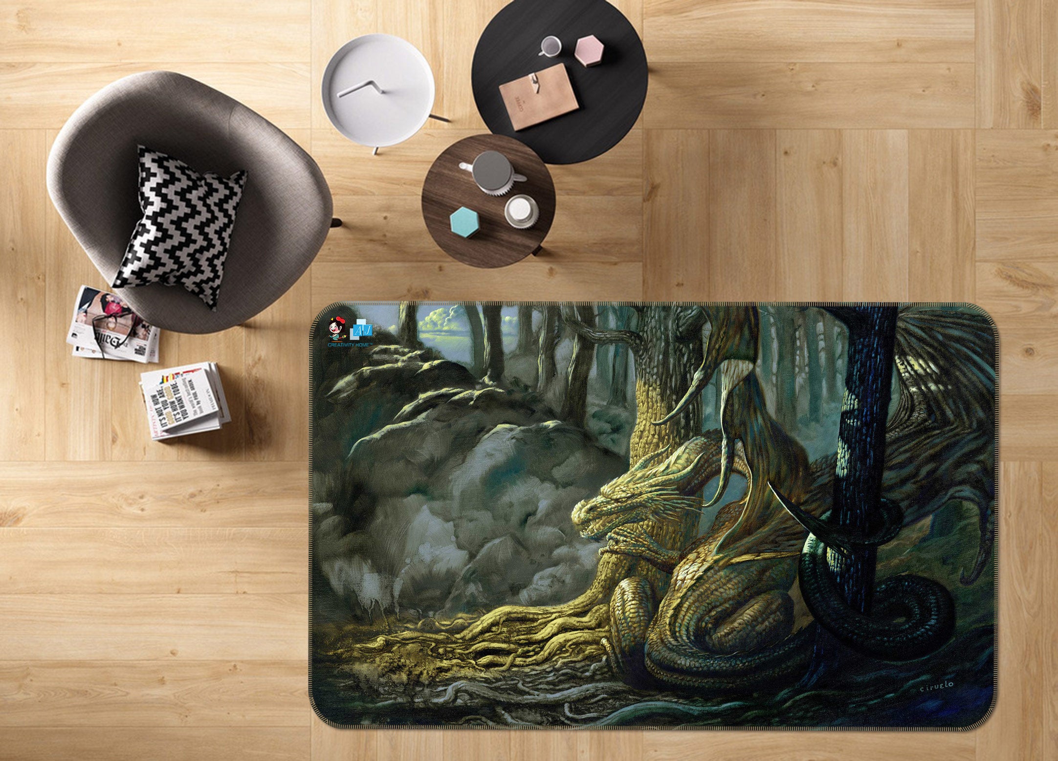 3D Forest Dragon 5166 Ciruelo Rug Non Slip Rug Mat