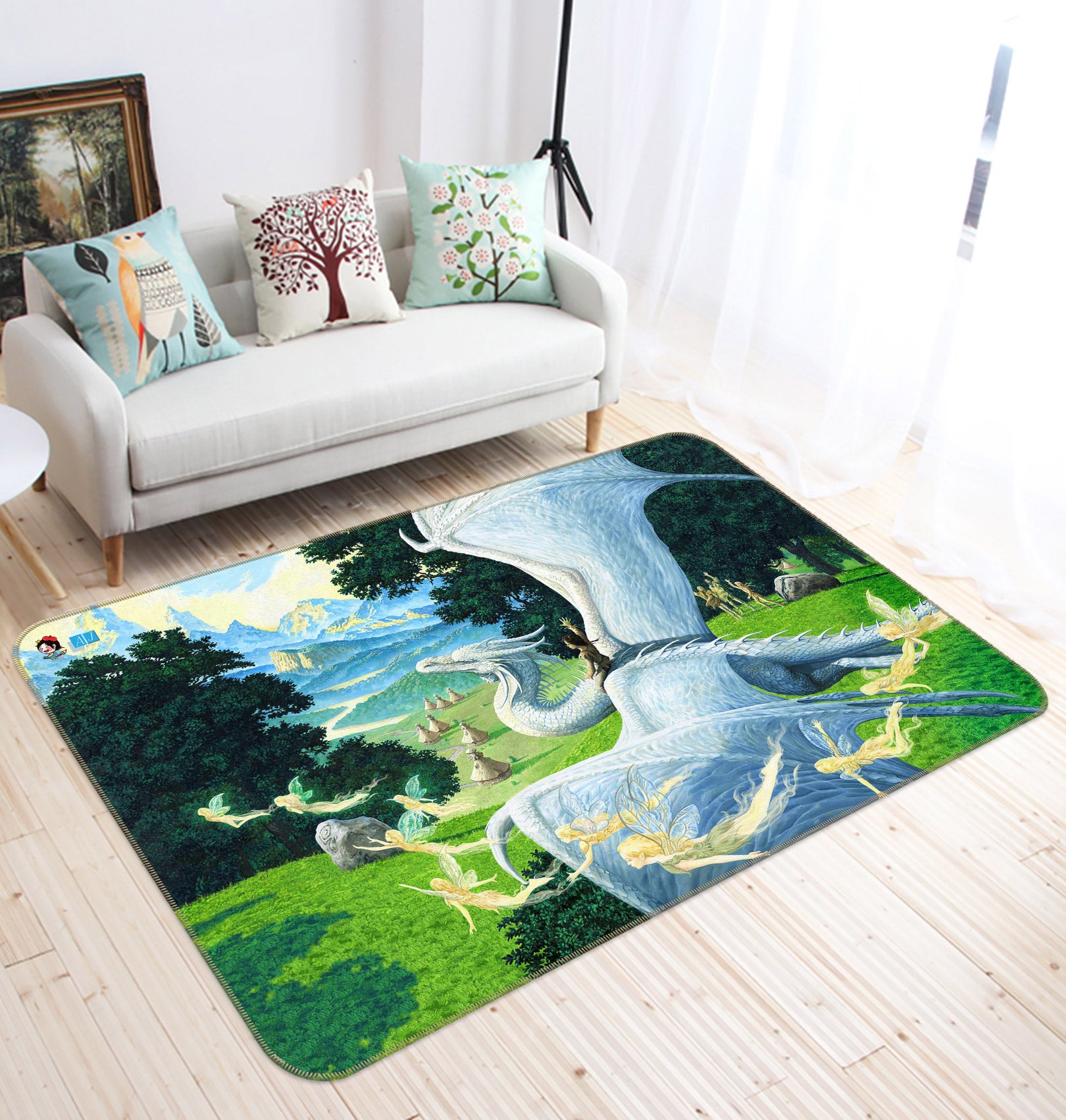 3D White Dragon Golden Elf Grassland 5156 Ciruelo Rug Non Slip Rug Mat