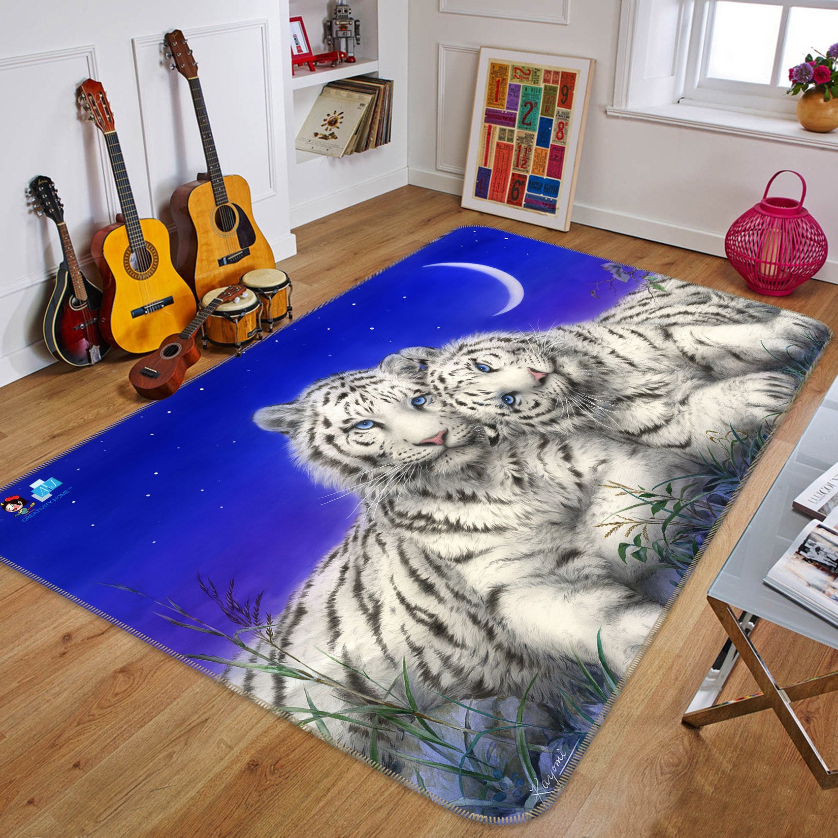 3D White Tiger Moon 5745 Kayomi Harai Rug Non Slip Rug Mat