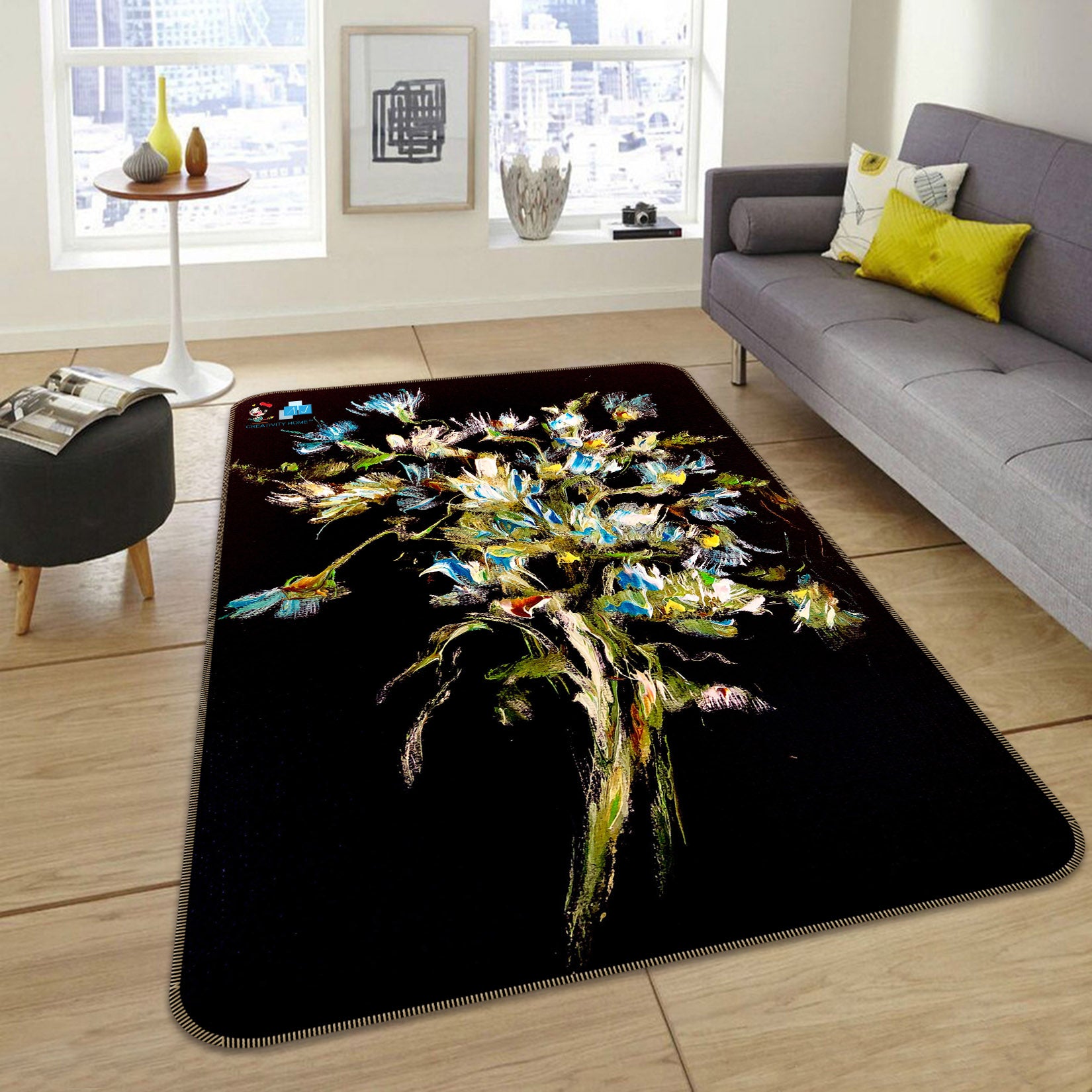 3D Blue Flower 1291 Skromova Marina Rug Non Slip Rug Mat