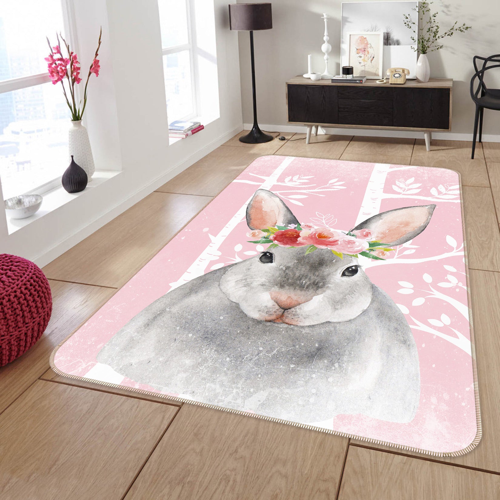 3D Cute Rabbit Flower 144 Uta Naumann Rug Non Slip Rug Mat