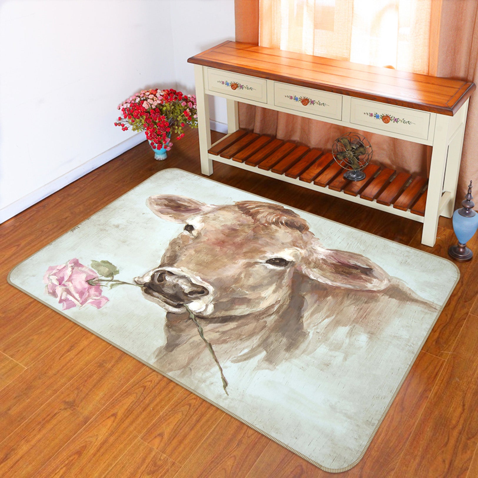 3D Cow Rose 1002 Debi Coules Rug Non Slip Rug Mat