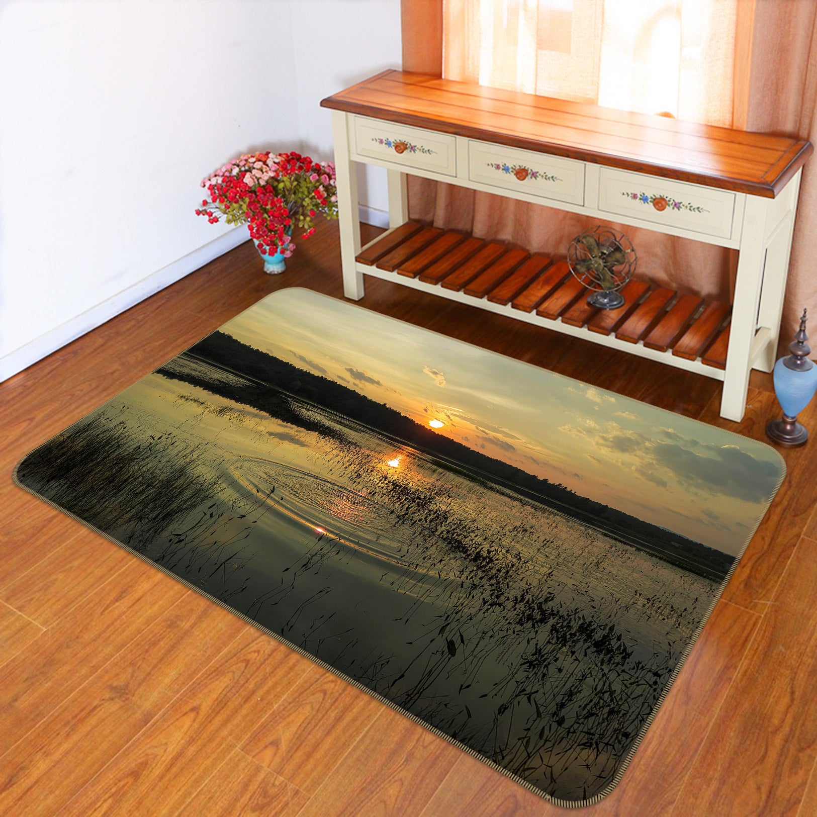 3D Sunset Lake Forest 1009 Jerry LoFaro Rug Non Slip Rug Mat